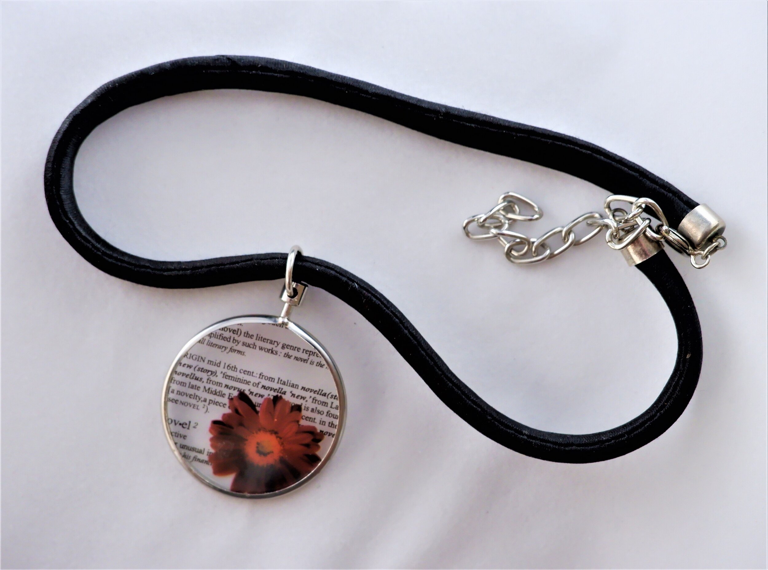 Soft Black Necklace with Glass Flower Literature Pendant with Silver Spring Clasp and Extender Chain