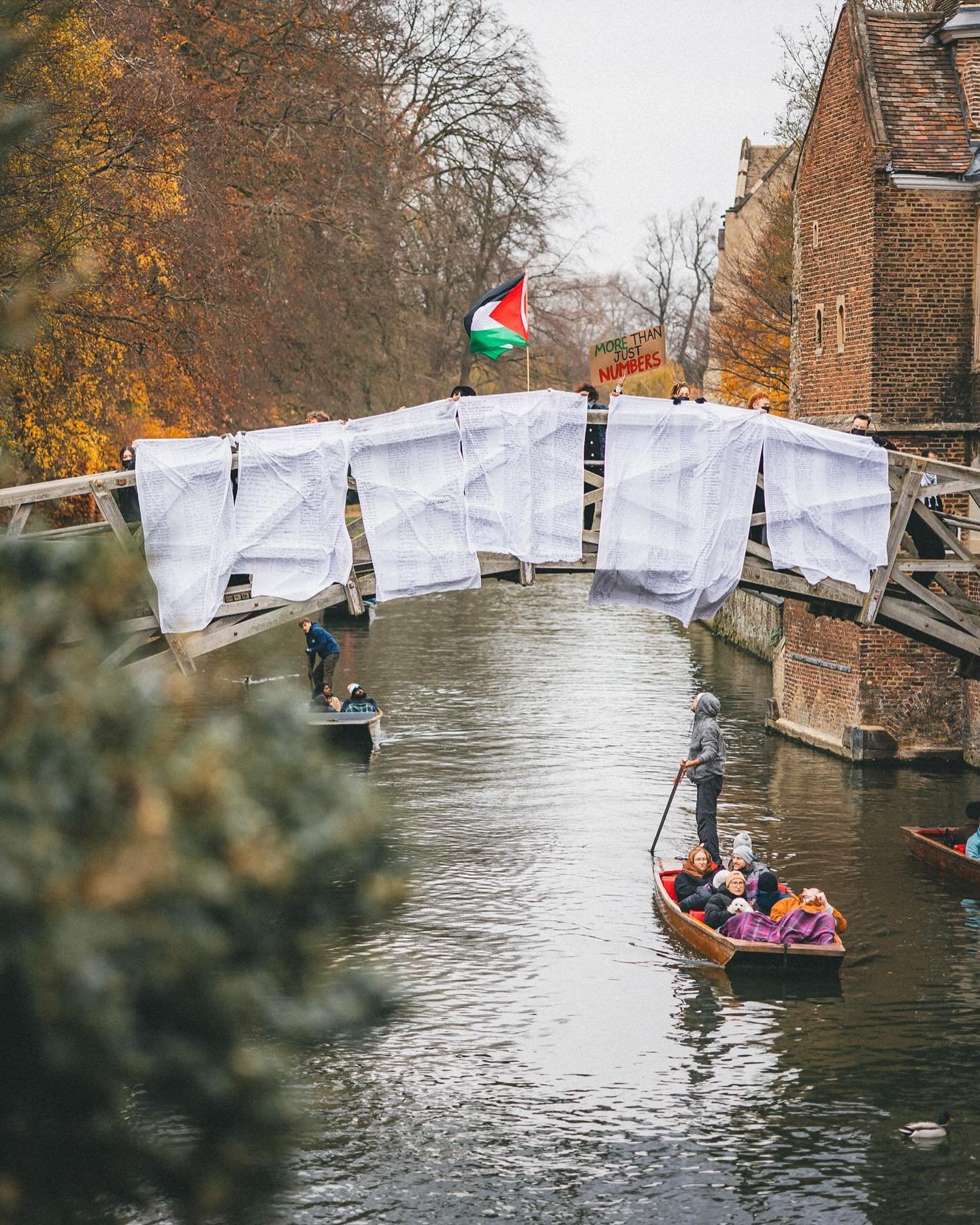 &quot;Cambridge students mark the second day of truce by displaying the written names of thousands of Gazan martyrs over the historical Mathematical Bridge. They aimed to ask for a permanent ceasefire and an end to Israeli apartheid, as well as for t