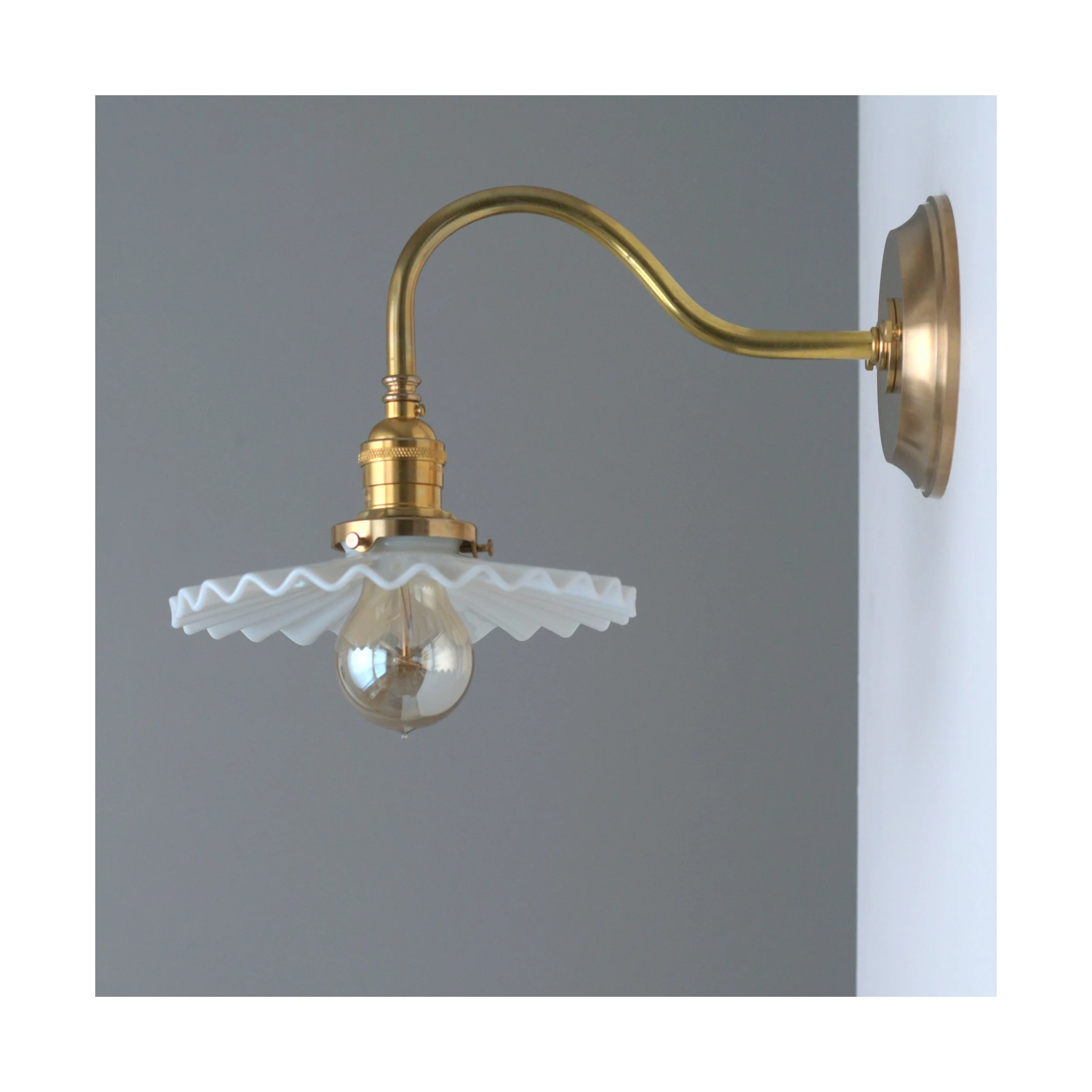 Pair of 2 - Brass Gooseneck Sconces - Antique Milk Glass