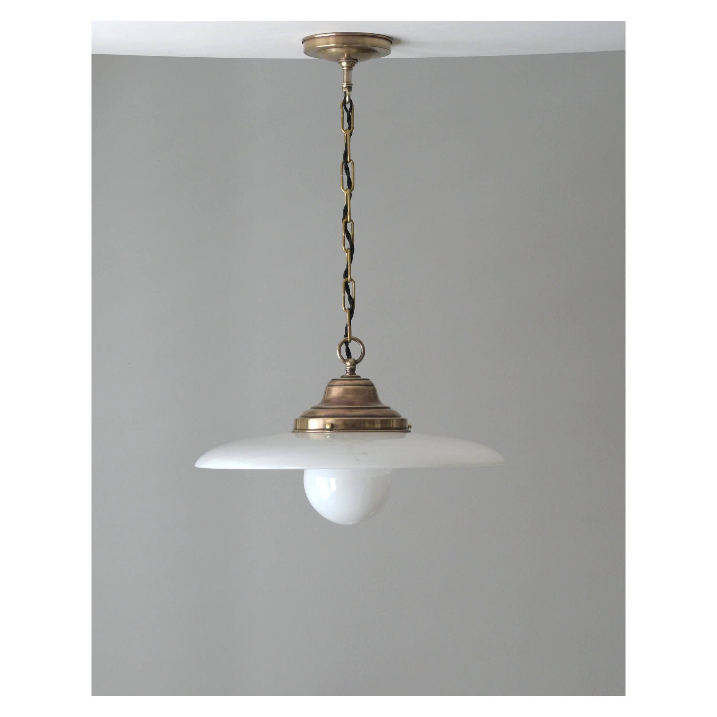 Pair of 2 - Brass Link Pendants - Vintage 17" Milk Glass Shades