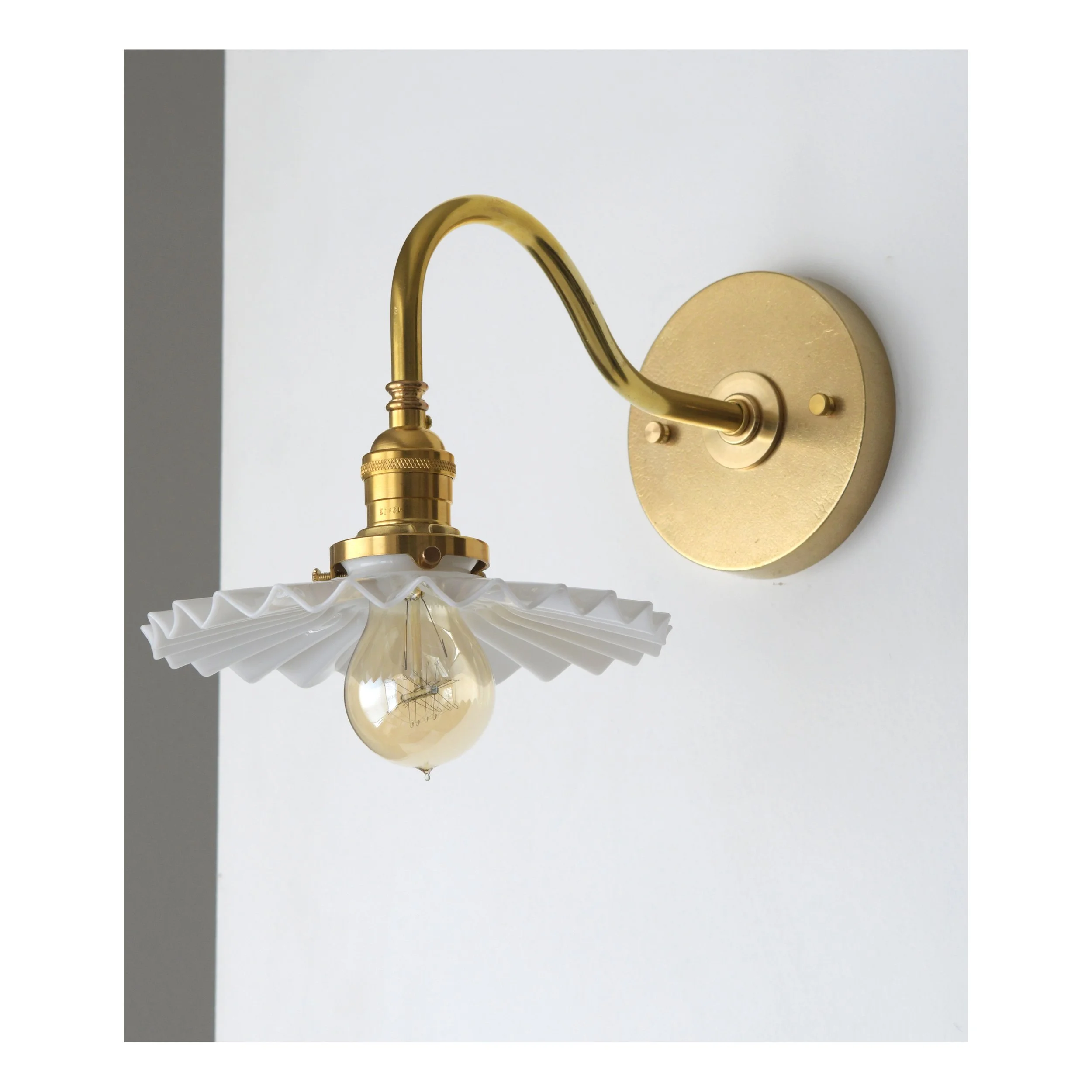 Pair of 2 - Brass Gooseneck Sconces ~ Pleated Antique Milk Glass.