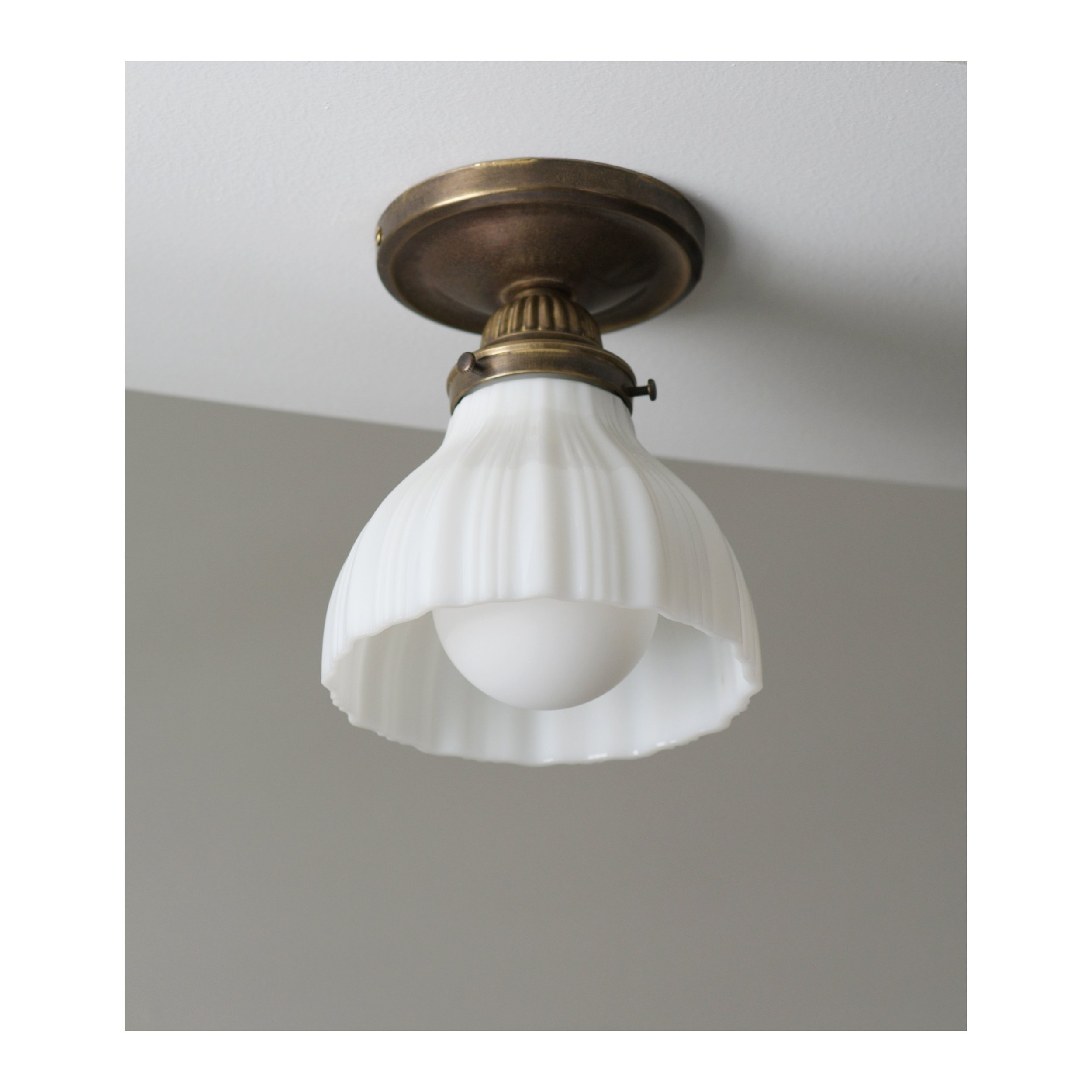 Cast Brass - Flush Mount Ceiling Fixture ~ Fluted Opal Glass
