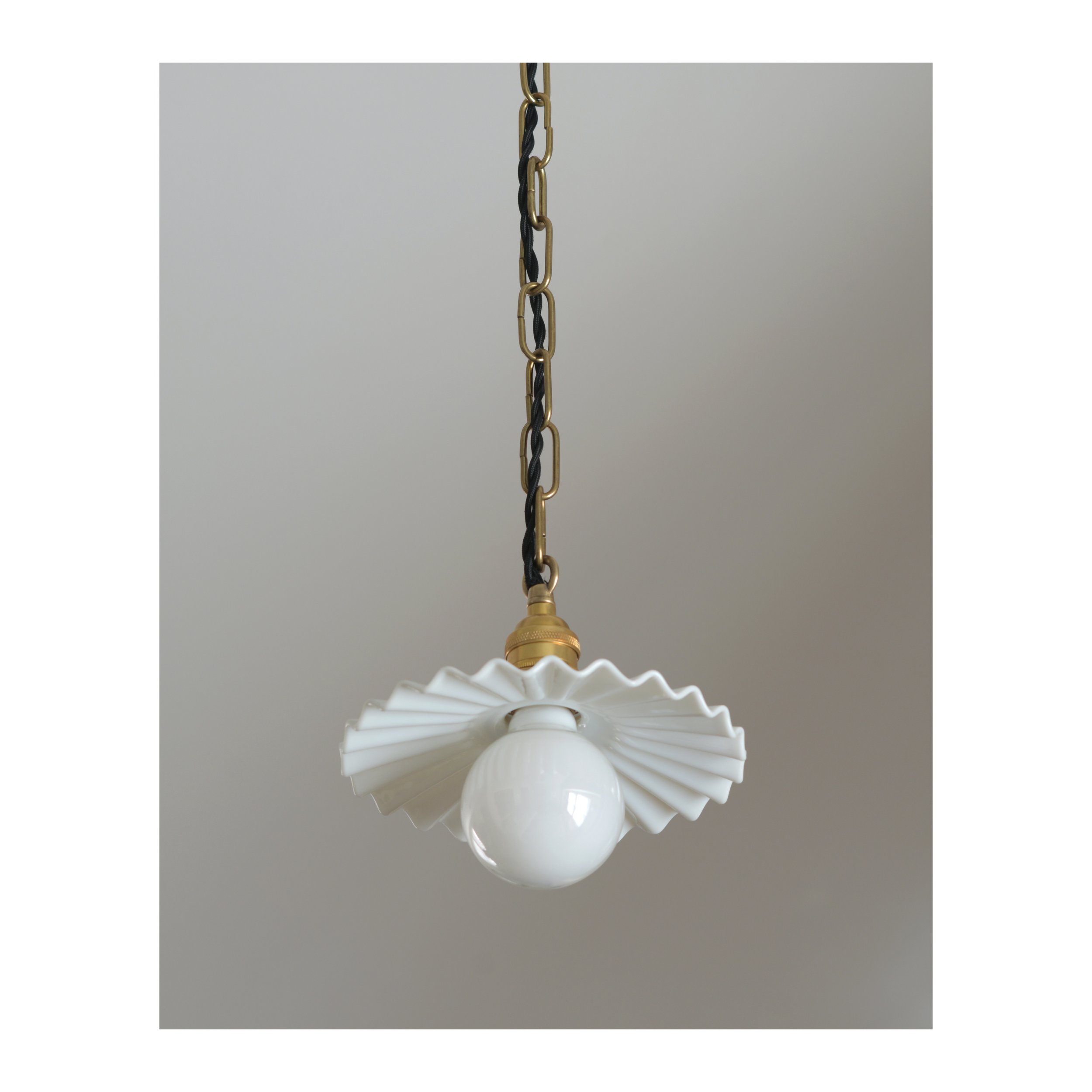 Pair of 2 - Brass Link Ceiling Pendants - Antique Milk Glass Shades