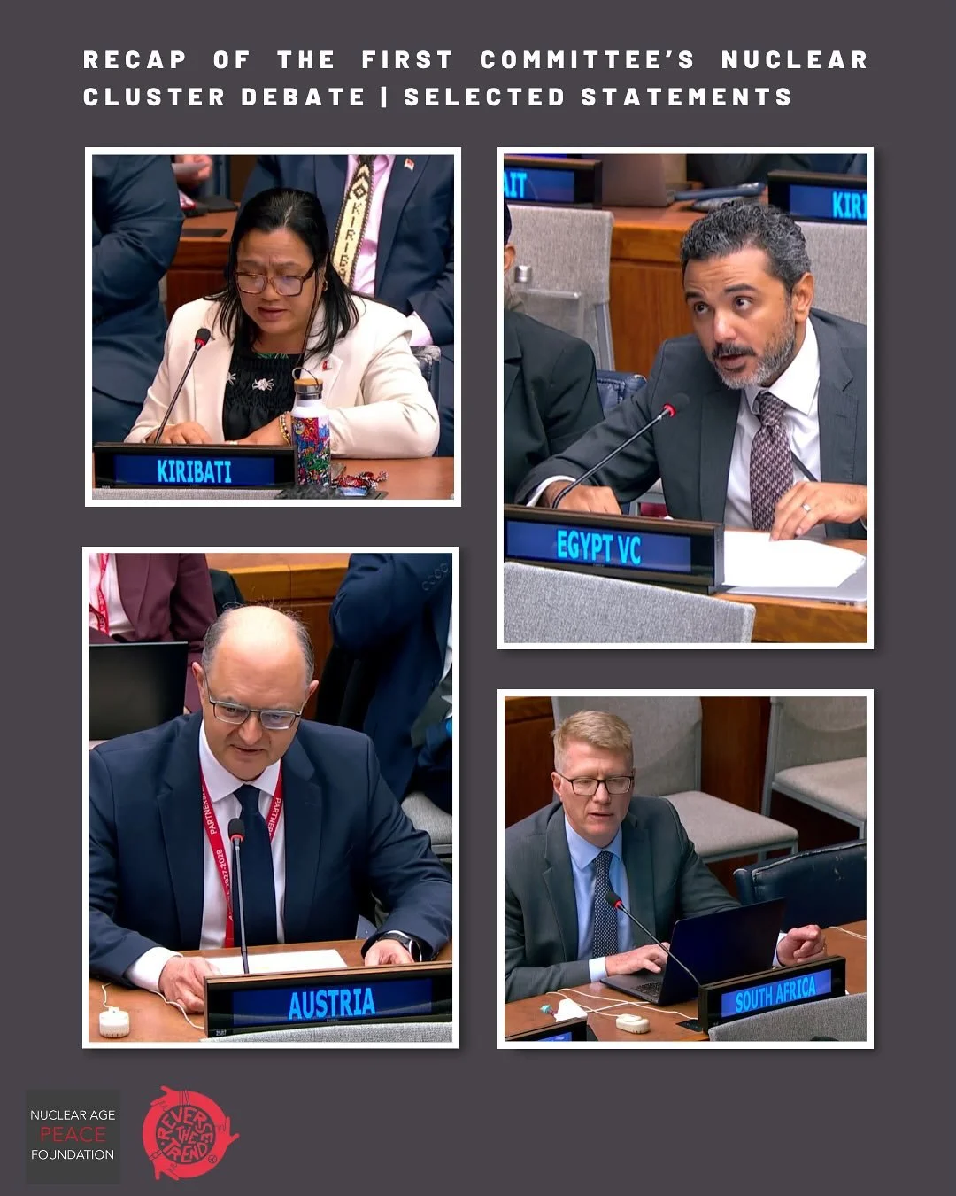 🇦🇹🇪🇬🇰🇮🇿🇦 | Check out some highlights from last week&rsquo;s debate on the Nuclear Weapons cluster. States touched on numerous pressing issues from nuclear justice and victim assistance to bilateral nuclear arms control agreements such as New 
