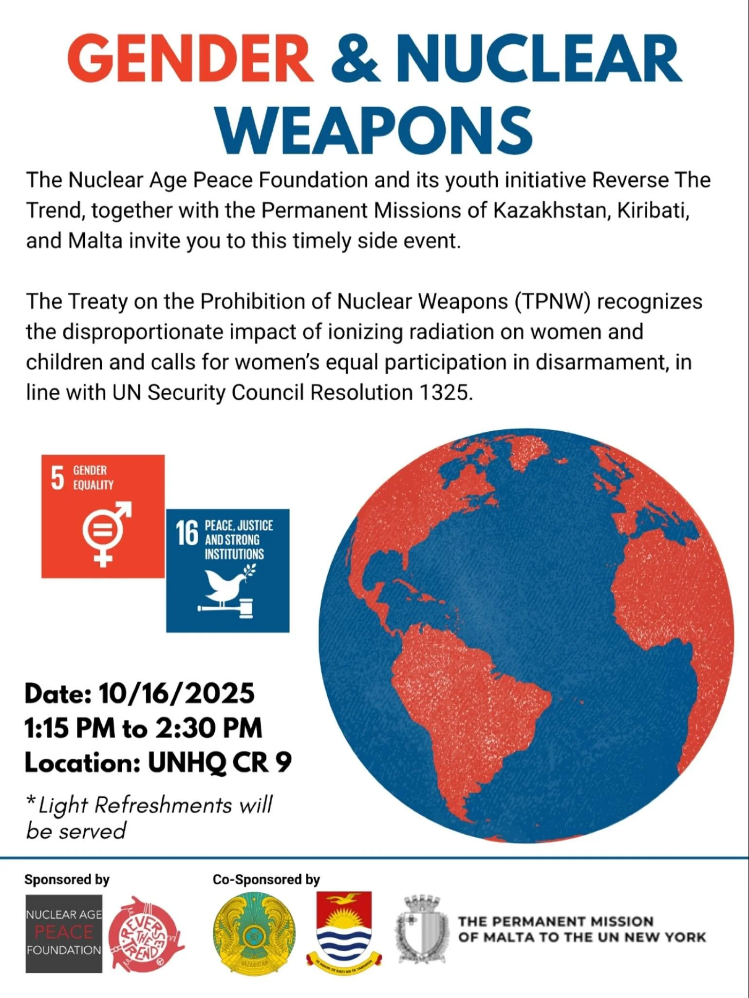 🌎 We look forward to this important #UNGA80 First Committee side event on Thursday with the 🇰🇮 Mission of Kiribati, 🇰🇿 @kazmission 🇲🇹 @maltaunmission @napfofficial 

#NuclearBan #TPNW