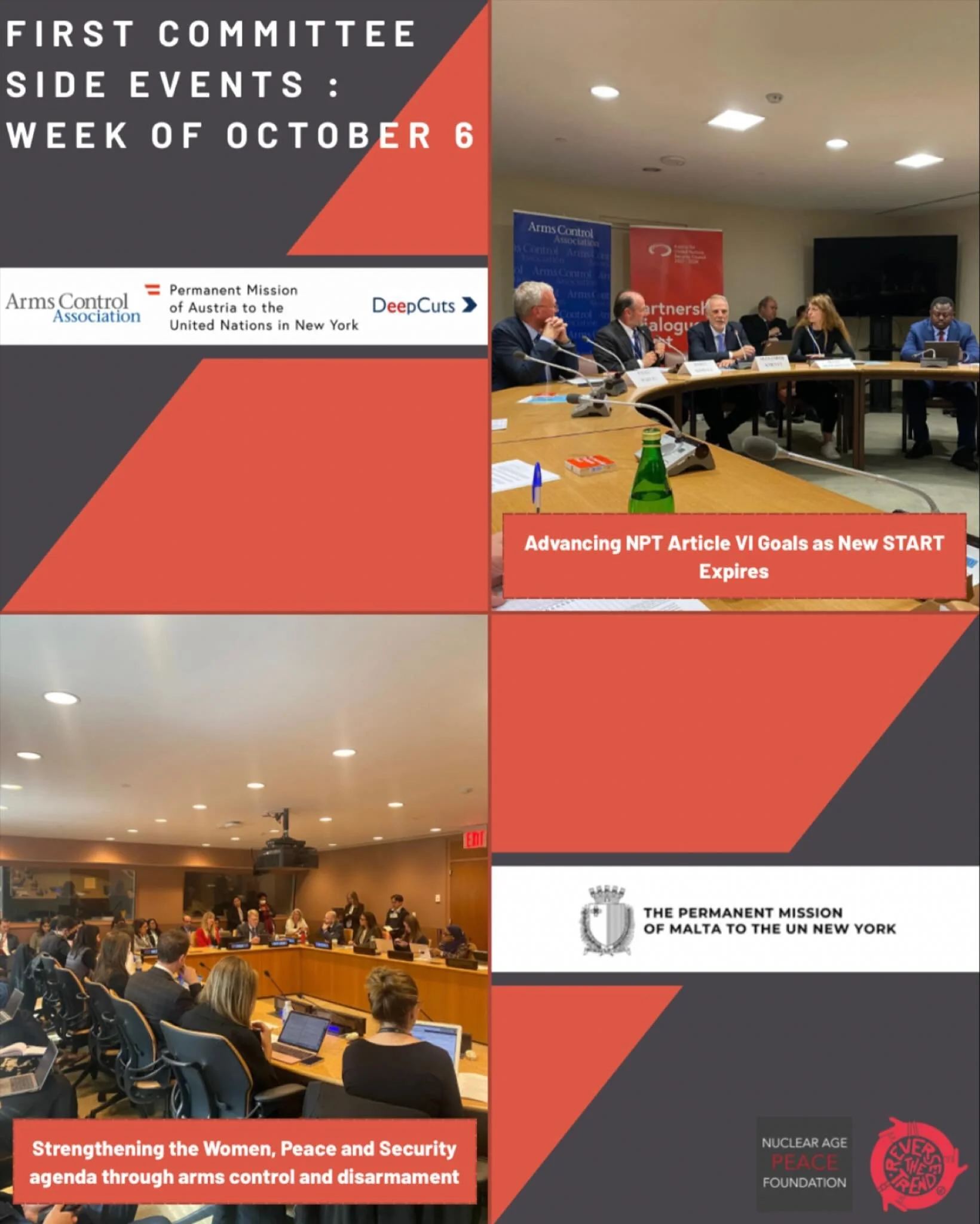 Last week, our interns attended two important events. One on Advancing NPT Article VI sponsored by @armscontrolnow @mfa_austria and DeepCuts, and a second side event on Strengthening the Women, Peace and Security agenda through arms control and disar