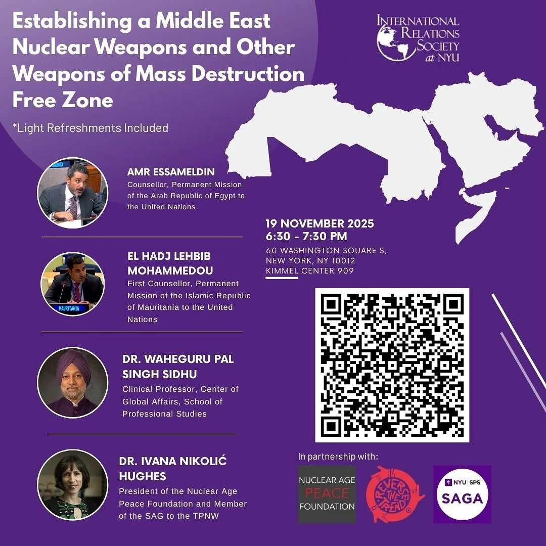 ESTABLISHING A MIDDLE EAST WMD-FREE ZONE 🕊️

Join us for a conversation on pathways to a nuclear and WMD-free Middle East with very special speakers: Amr Essameldin (Egypt Mission to the UN), El Hadj Lehbib Mohammeddou (Mauritania Mission to the UN)