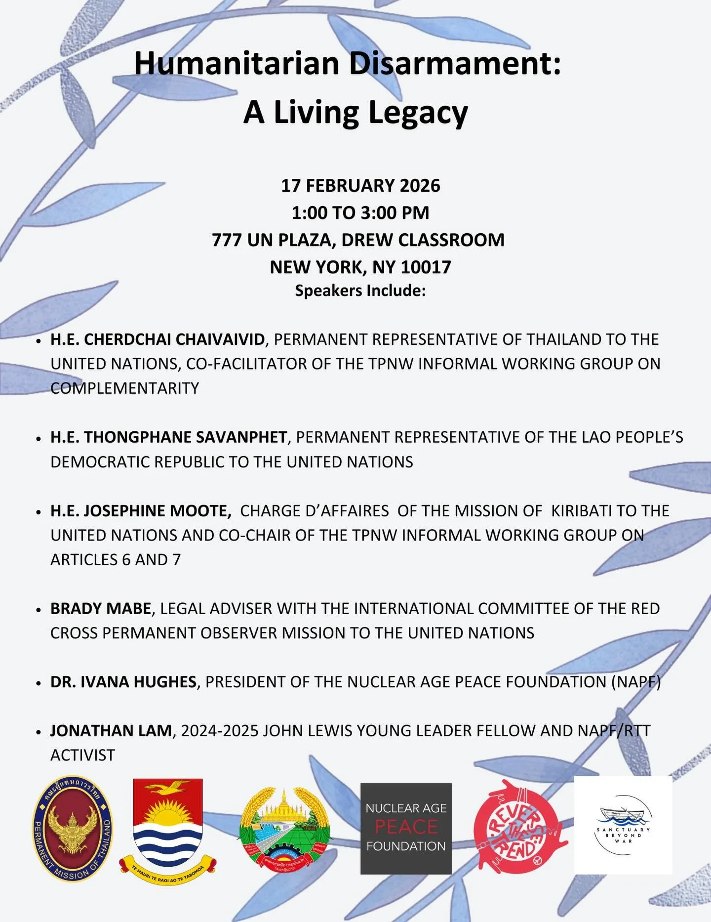 🇹🇭🇰🇮🇱🇦🇺🇳| Please join us tomorrow at 777 United Nations Plaza where representatives from the south east asia region and the pacific will discuss with members of civil society and academia the legacy of humanitarian disarmament in an interacti