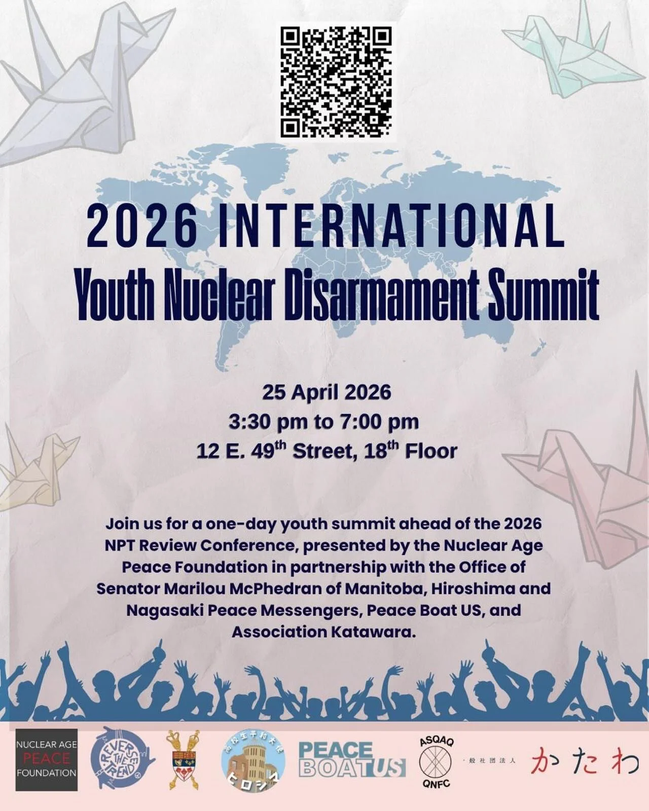 Attention all youth!!!! ✊🏼

Ready to talk peace, power, and a nuclear-free future?

Join us at the 2026 International Youth Nuclear Disarmament Summit on 25 April 2026 in NYC. Meet fellow changemakers, hear inspiring voices, and be part of the movem