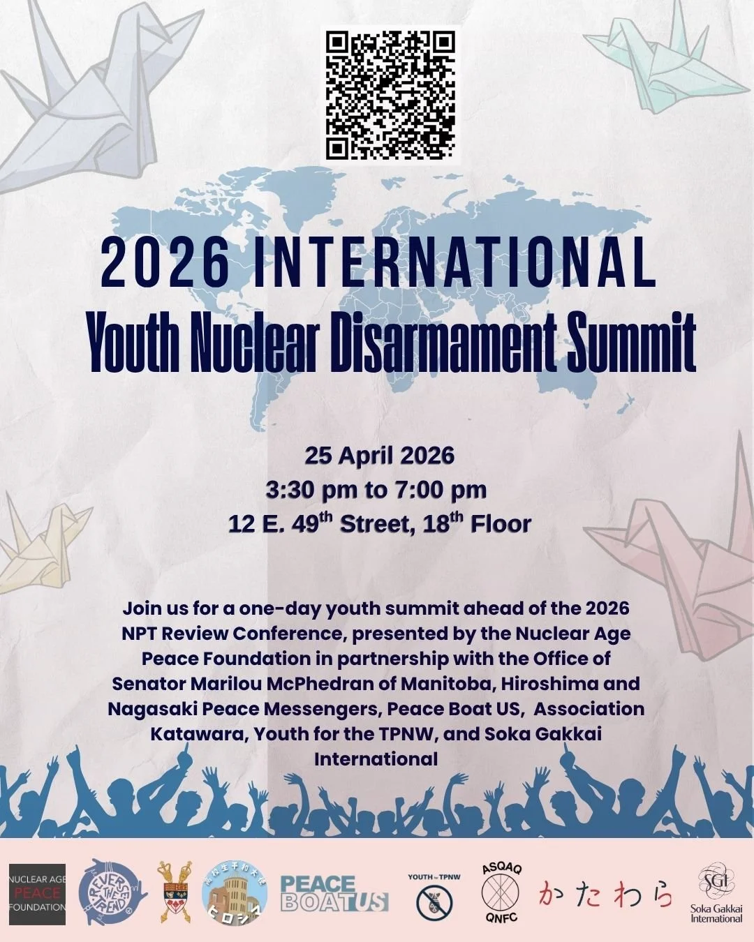 Traditionally, before any major disarmament conference, we would host an international youth workshop. We are very proud to highlight this special international youth nuclear disarmament summit on the eve of the 11th NPT Review Conference with our pa