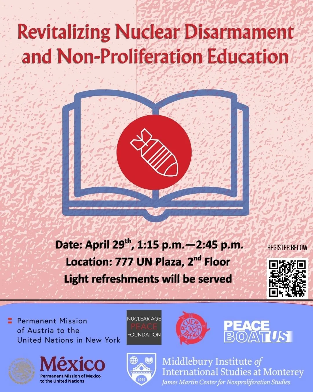 This wednesday at lunchtime, @napfofficial and @reversett_ are hosting a powerful panel discussion on disarmament and non-proliferation education with @mfa_austria @mexonu @nonproliferation @peaceboatus. Come join us at 777 UN Plaza, 2nd Floor. Speak