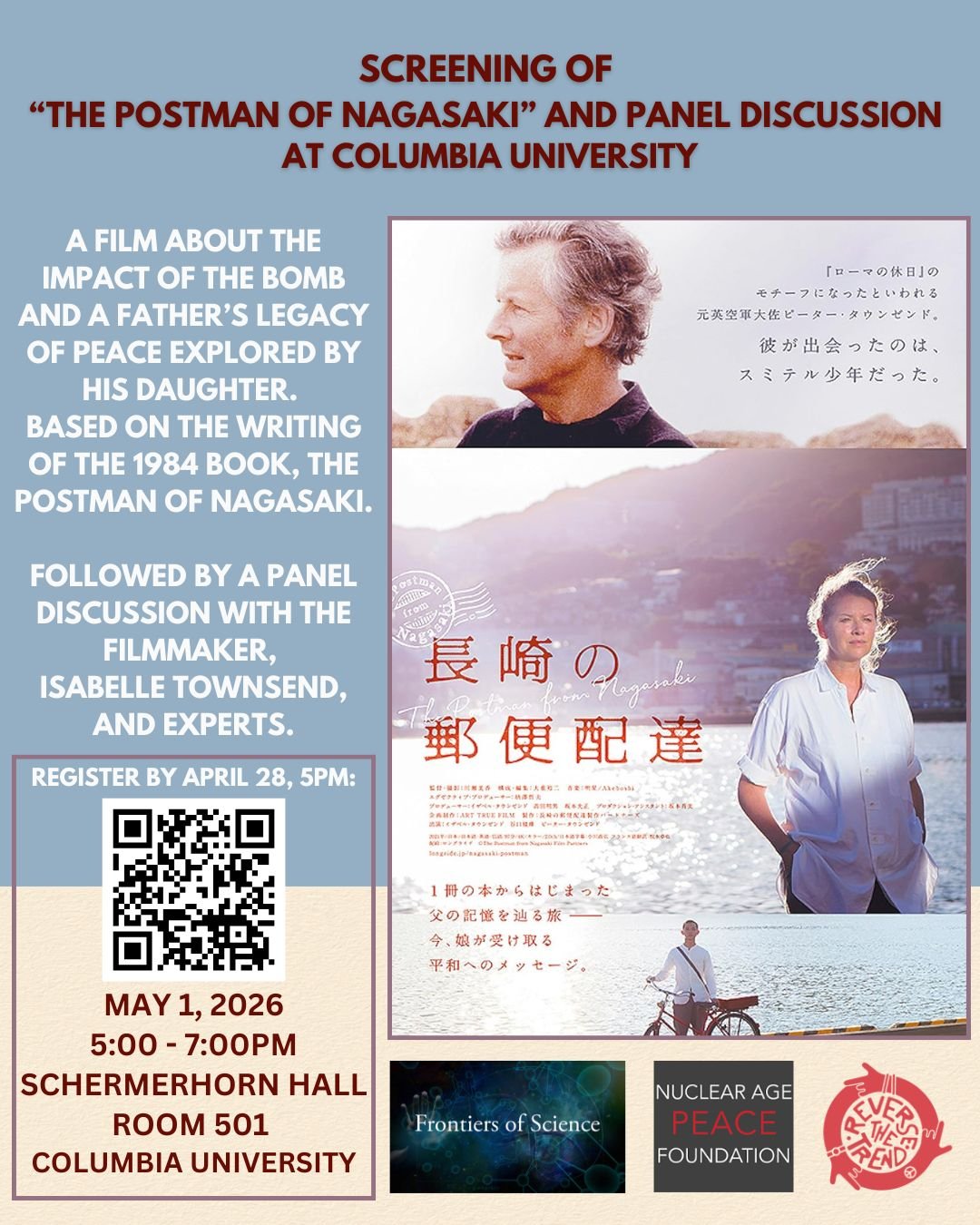 We are pleased to share that we're co-organizing a timely discussion and film screening of the Postman of Nagasaki at Columbia University with @frosci and @napfofficial. This event will happen on 1 May and registration is open until today at 5pm. Ple