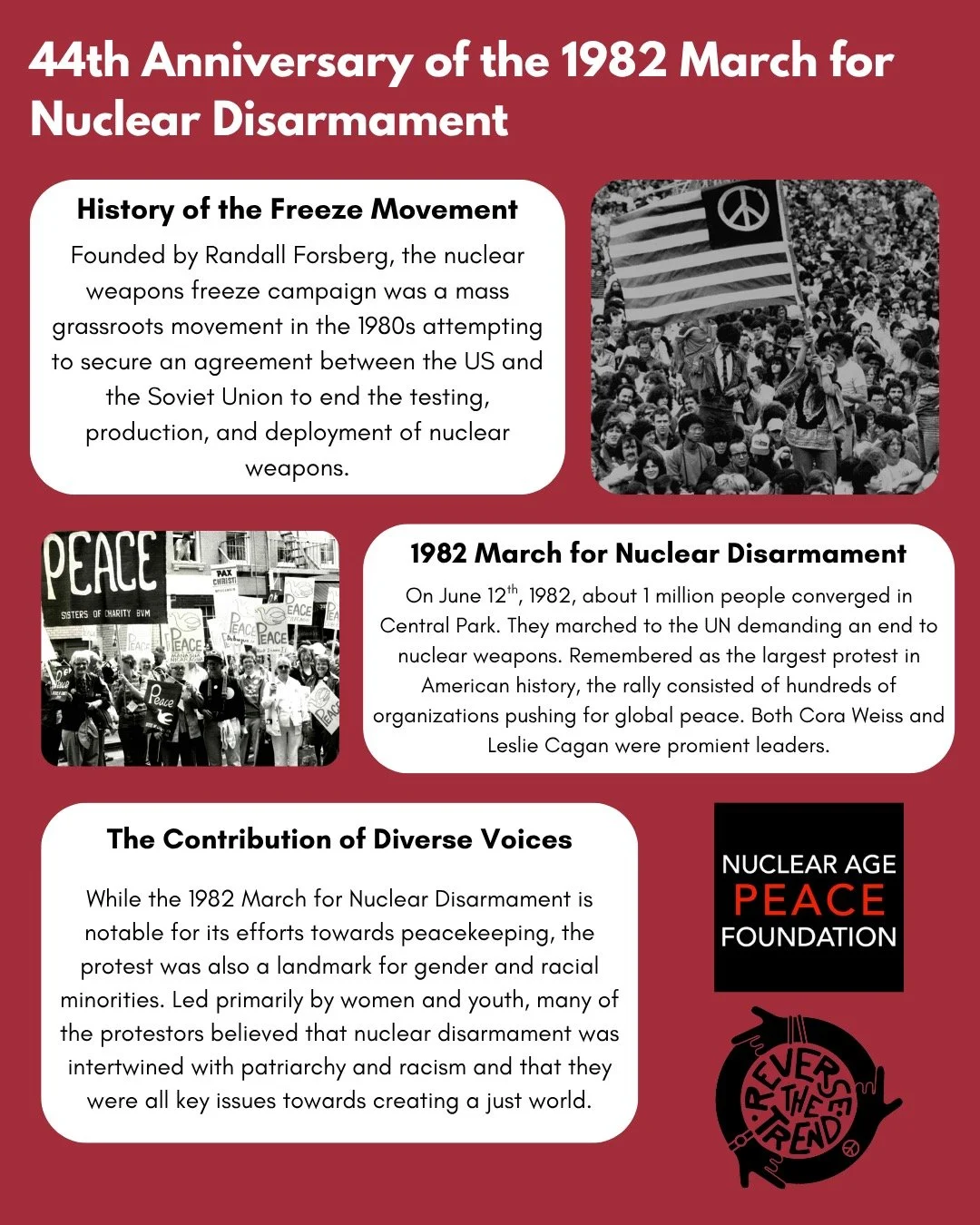 Today is the 44th anniversary of the historic March and Rally for Nuclear Disarmament. An est. 1 million people marched from Central Park to the United Nations to demand an end to nuclear weapons. We also wish to honor the legacy of Cora Weiss, a lif