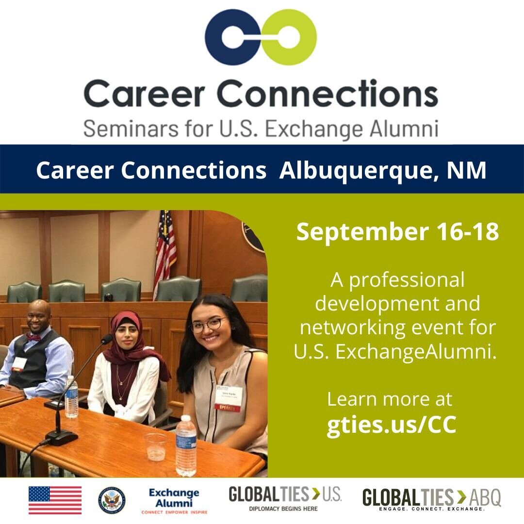 Are you a U.S. citizen #ExchangeAlumni looking to leverage your intercultural skills in your career planning? Join @GlobalTiesABQ, @ExchangeAlumni, and @GlobalTiesUS for an in-person #CareerConnections event September 16-18 in Albuquerque, NM. Detail