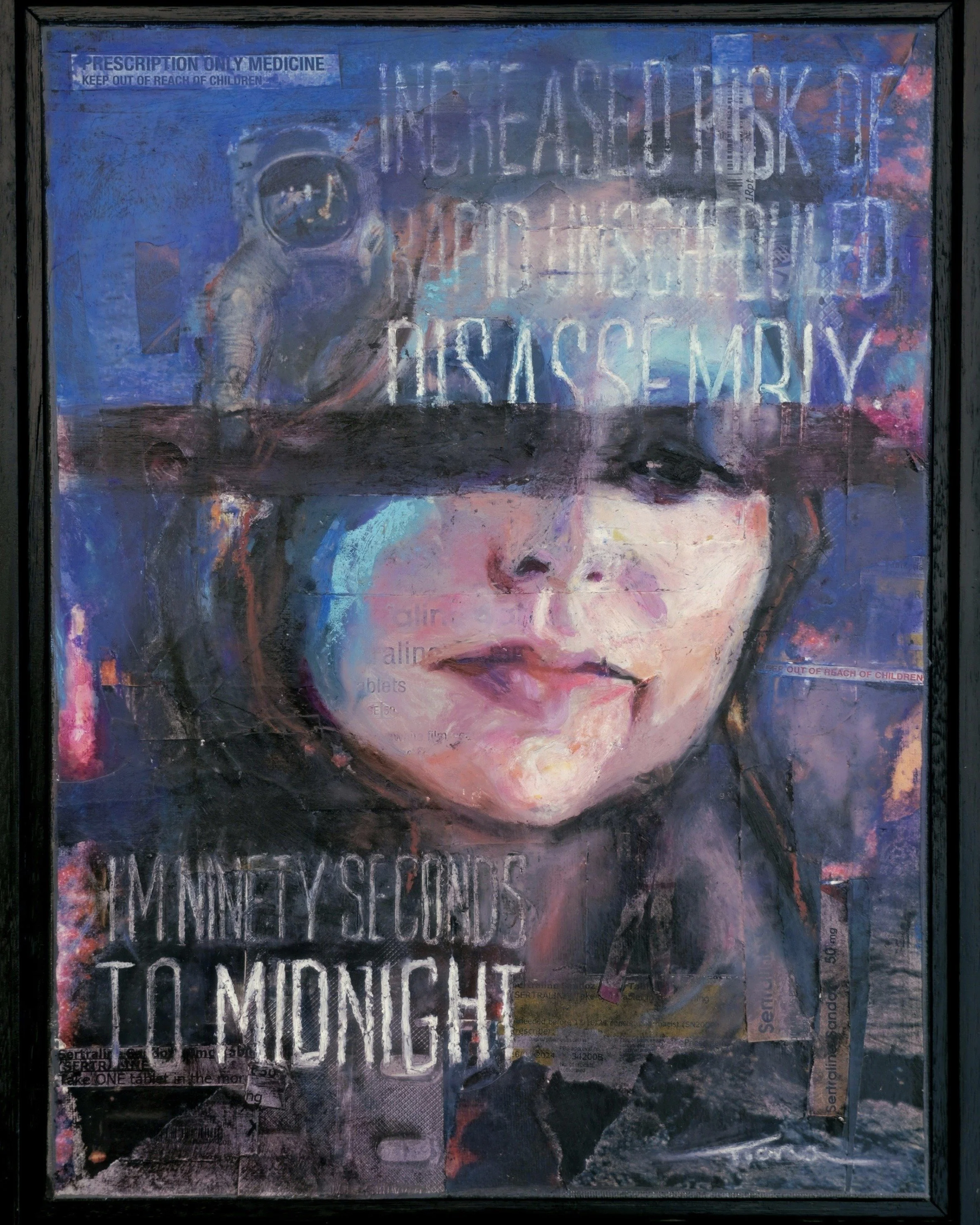 SELF(destruct), Oil pastel | Collage on Canvas, 2026.

A distorted, translucent self-portrait emerges from an unstable field of National Geographic space imagery and pharmaceutical ephemera. With softened edges and obscured eyes, the figure hovers be