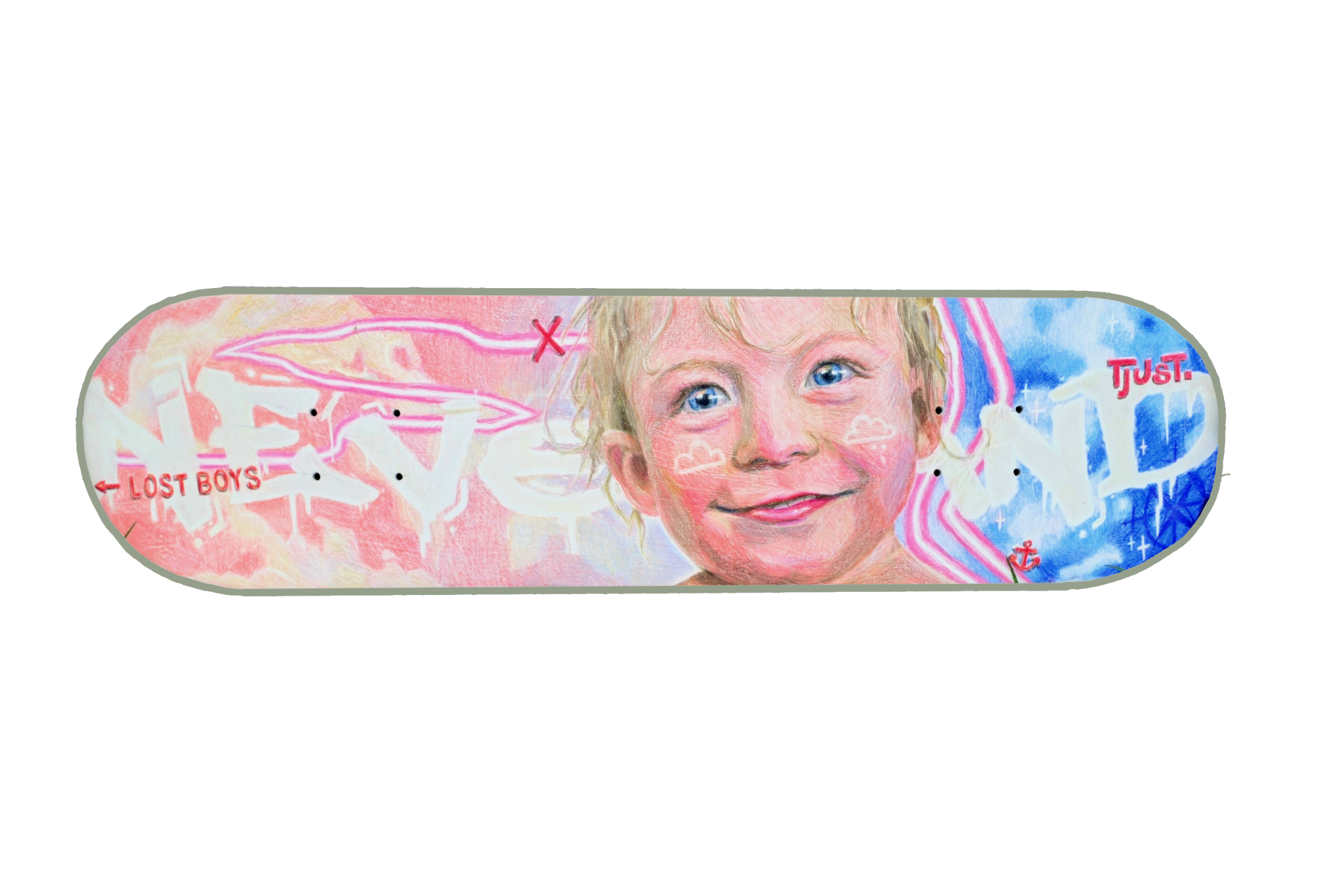 Neverland, Pure Coloured Pencil on Reclaimed Skateboard, 2025