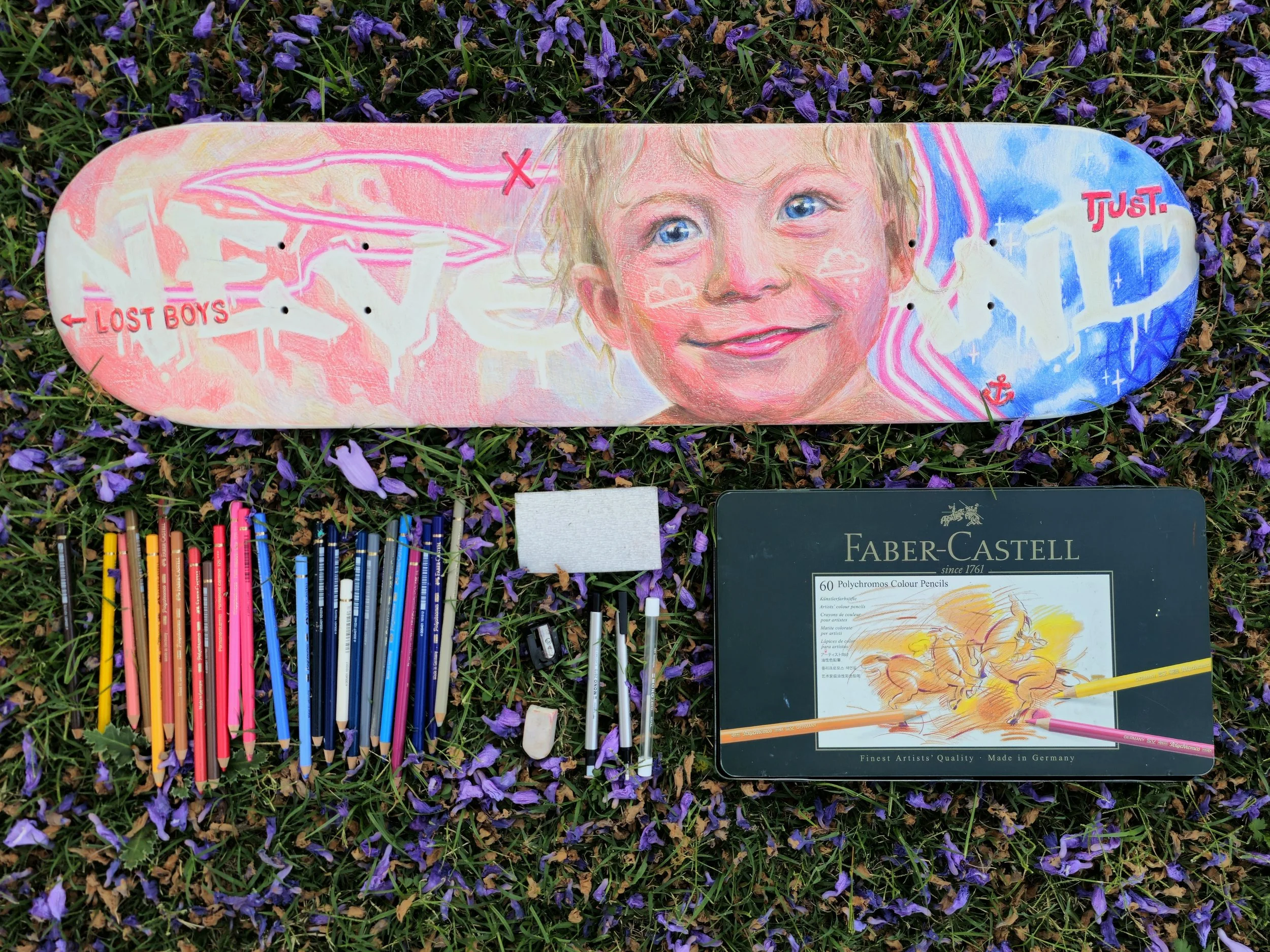 Neverland, Pure Coloured Pencil on Reclaimed Skateboard, 2025