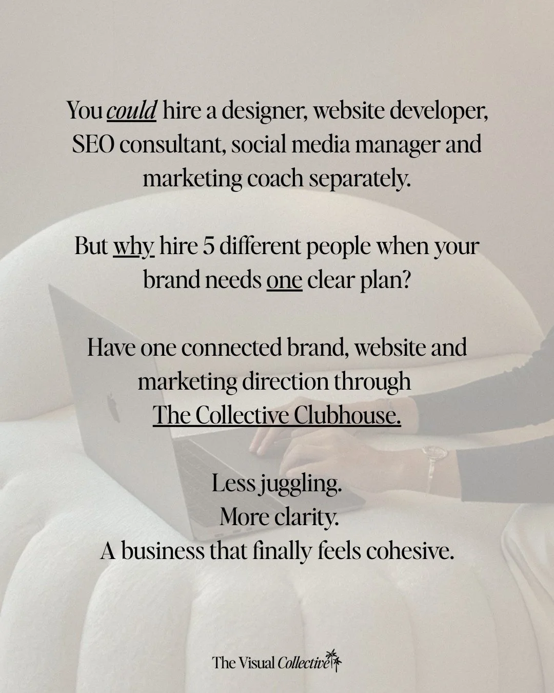 You could hire a designer, website developer, SEO consultant, social media manager and marketing coach separately.

And sometimes, that makes sense.

But for a lot of small business owners, it can quickly become another full-time job.

You&rsquo;re m