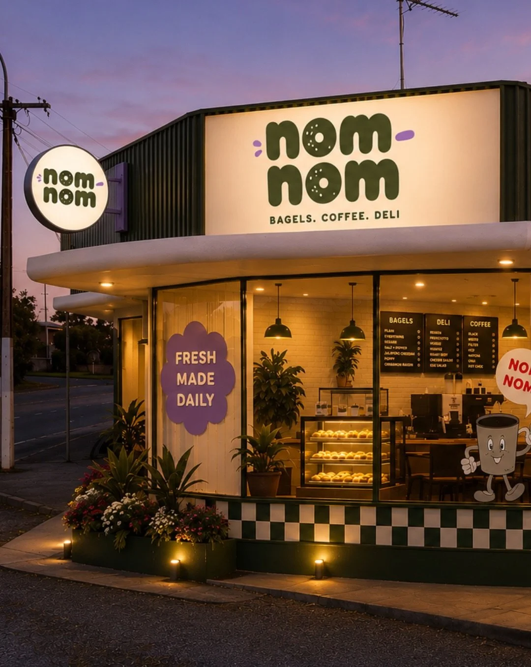 PART 7 of my local brand glow up series ✨

Another empty building gets a makeover, and this time I turned it into the bagel spot of my dreams.

Meet Nom Nom, a fun little bagel, deli and coffee shop concept designed to bring some colour, personality 