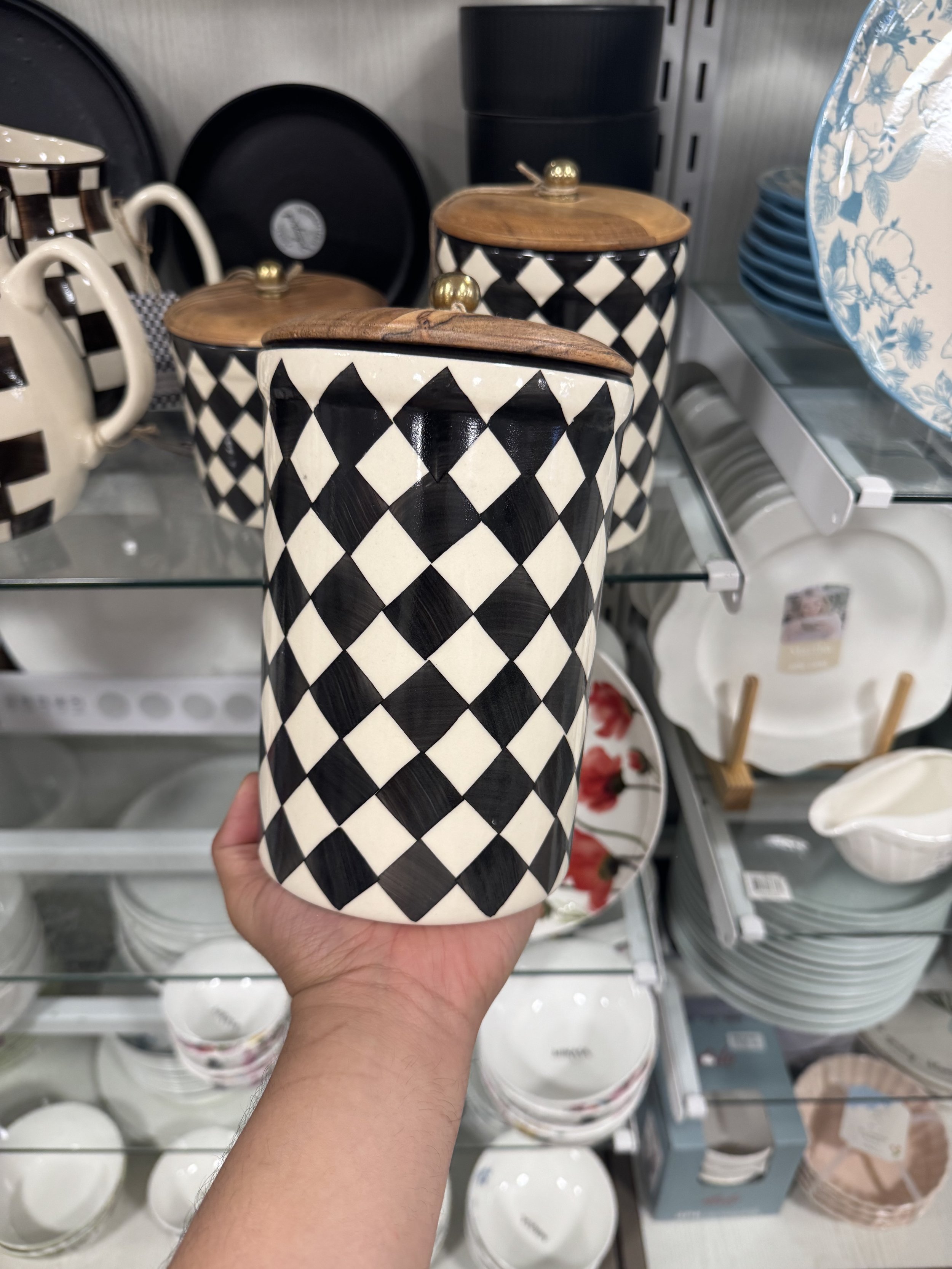 Hand Crafted Harlequin Diamond Black White Checkered Jar, Larger Size