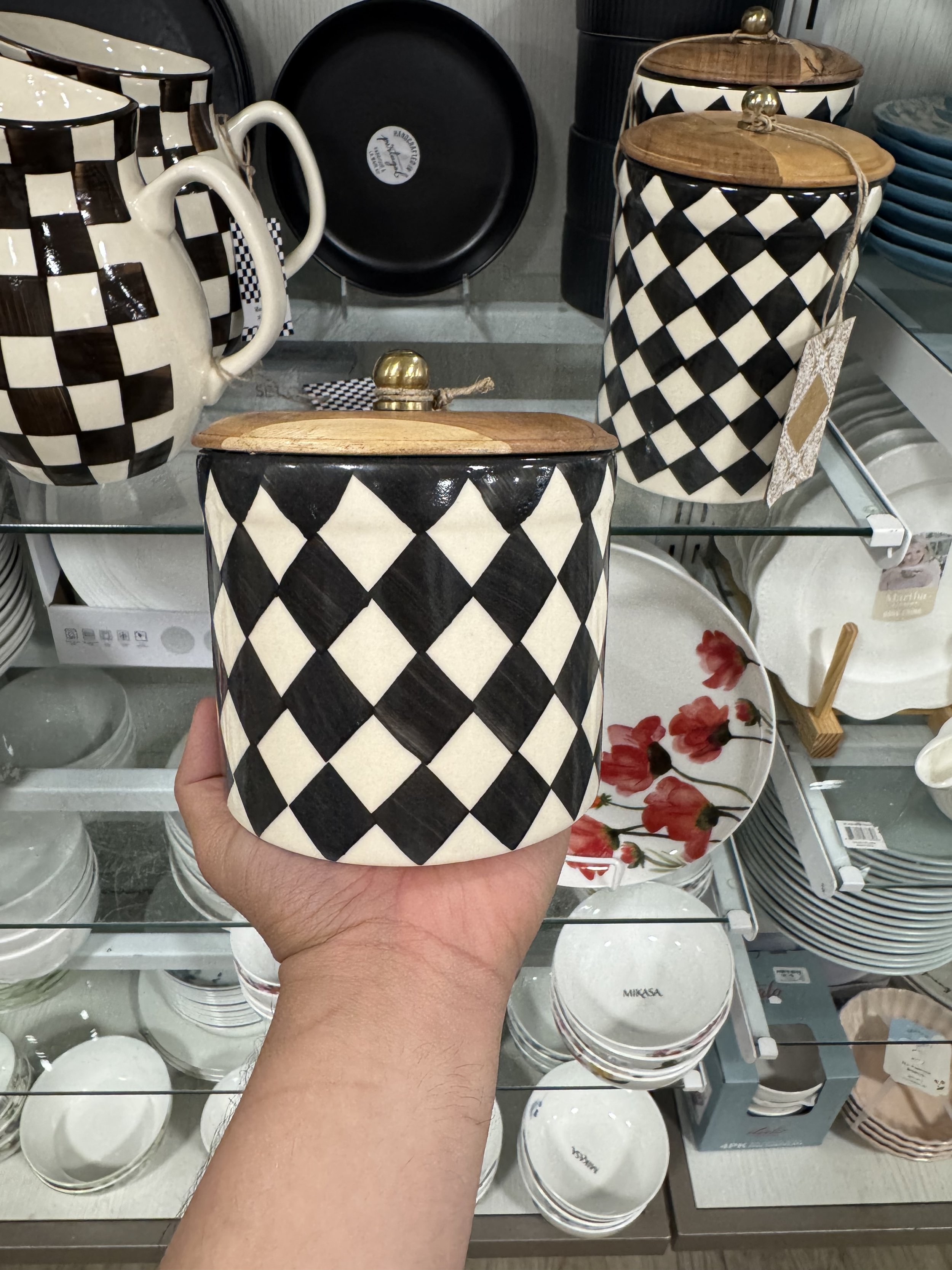 Hand Crafted Harlequin Diamond Black White Checkered Jar, Small Size
