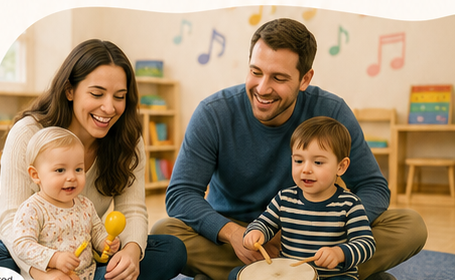 Parents and young children making music together