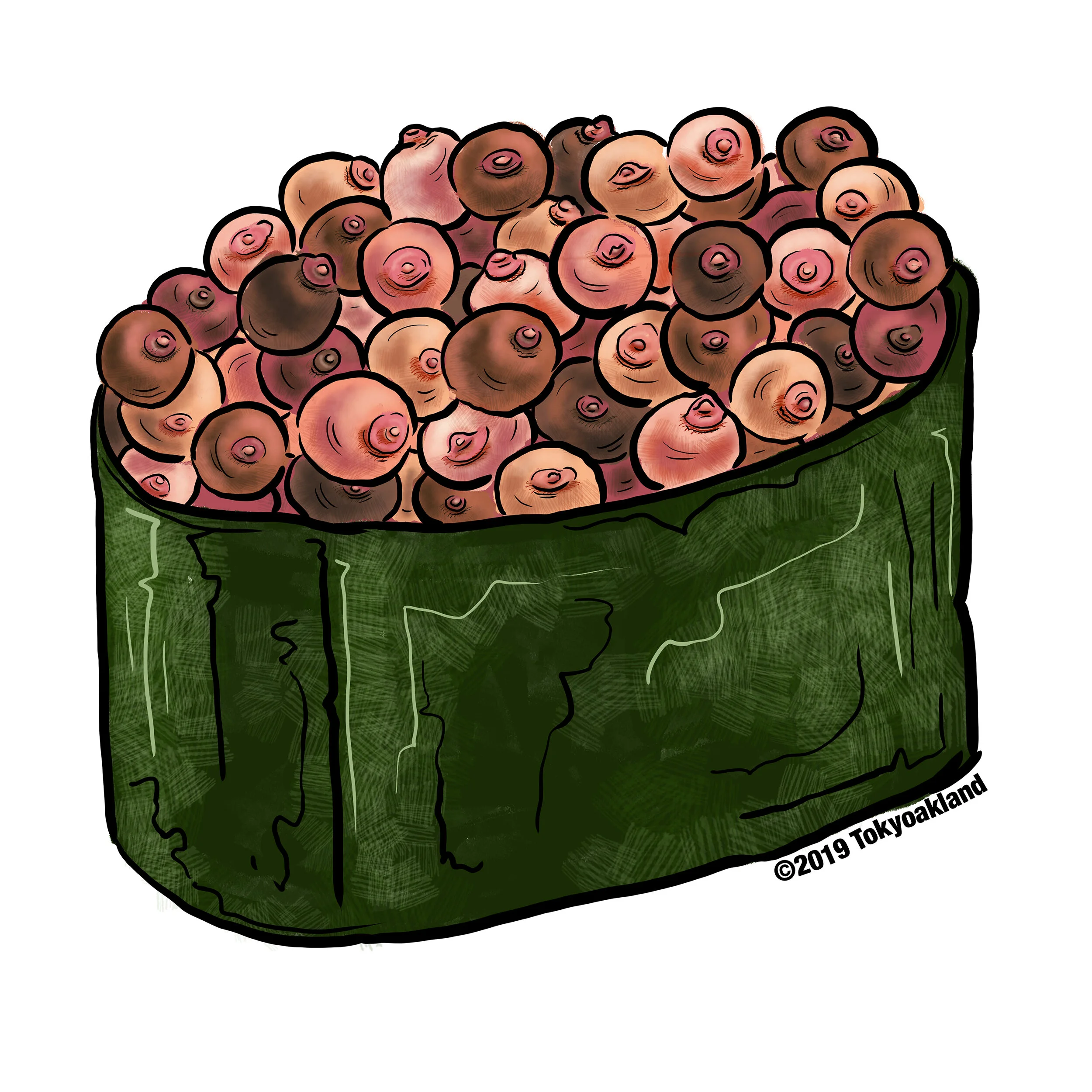 One of seven designs for a sticker sheet of naughty (but sex-positive) sushi. These ideas came from a visit to Kawasaki, Japan, which holds an annual Kanamara Matsuri, or "Festival of the Steel Phallus" at its Kanayama Shinto Shrine.