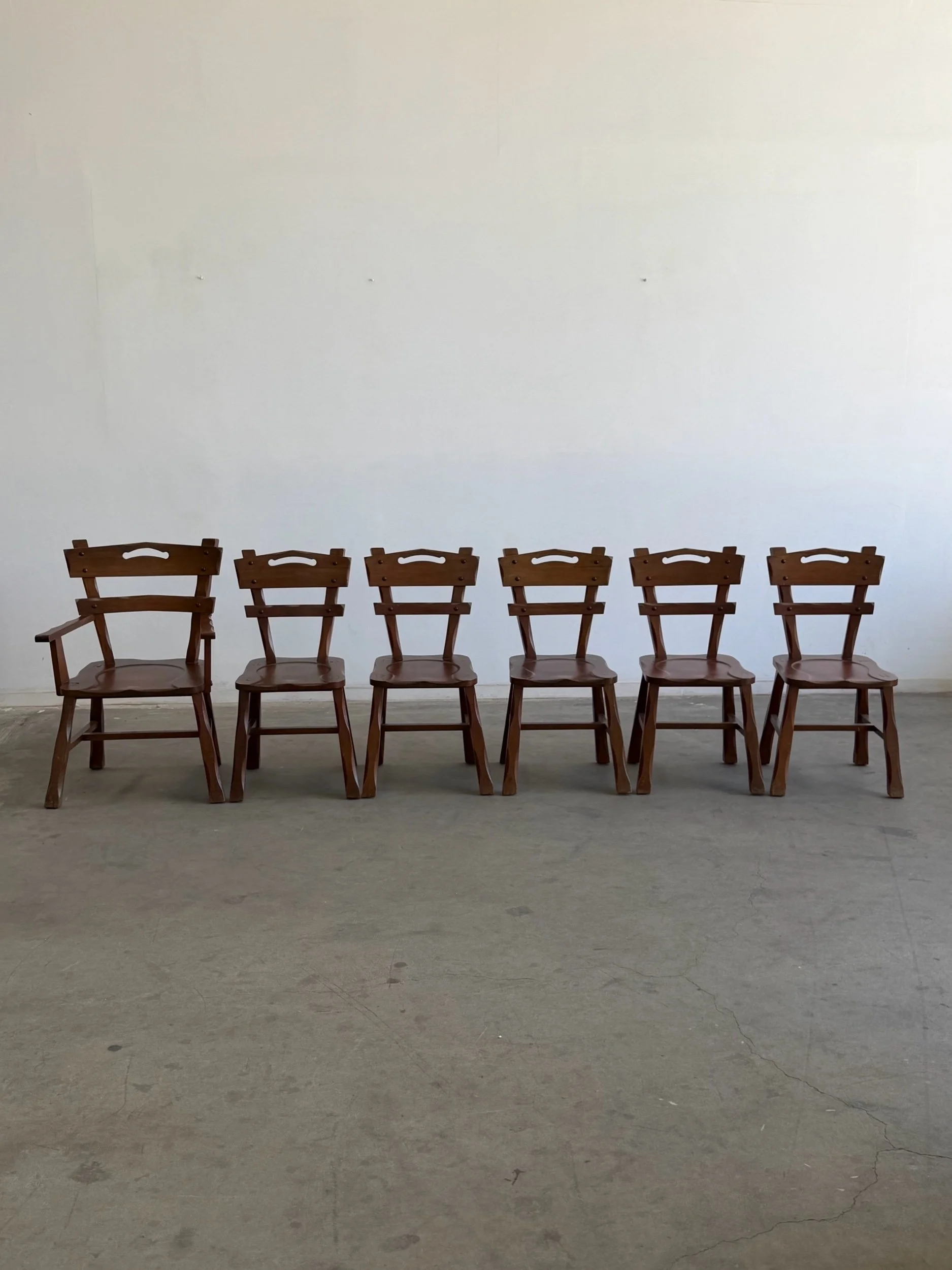 Ranch Brutalist Carved Wood Armchairs - Set of 6