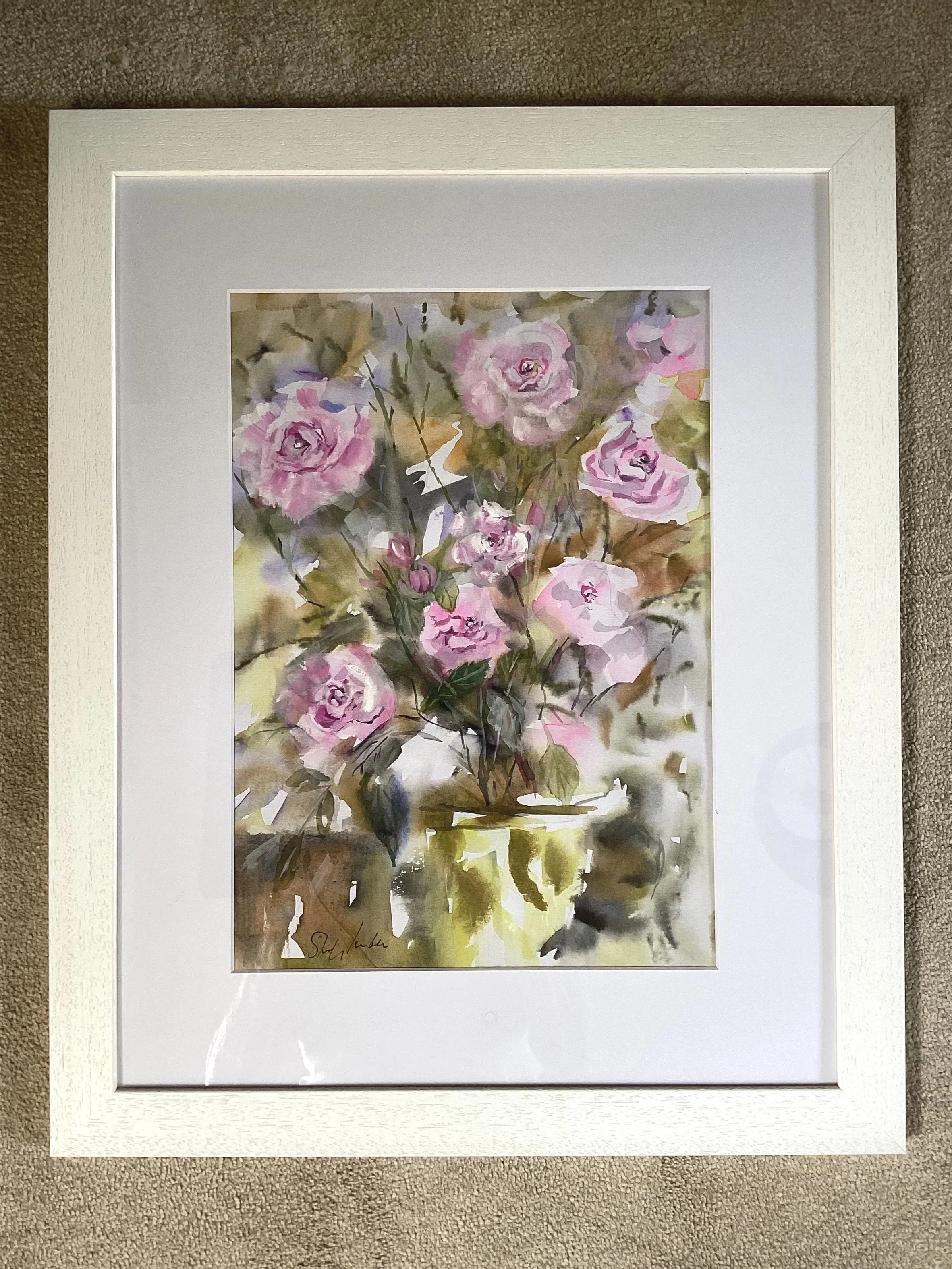 Roses in a Stone Pot - Framed - 42.5 x 52.5 cm - Frame off white and mount - £180