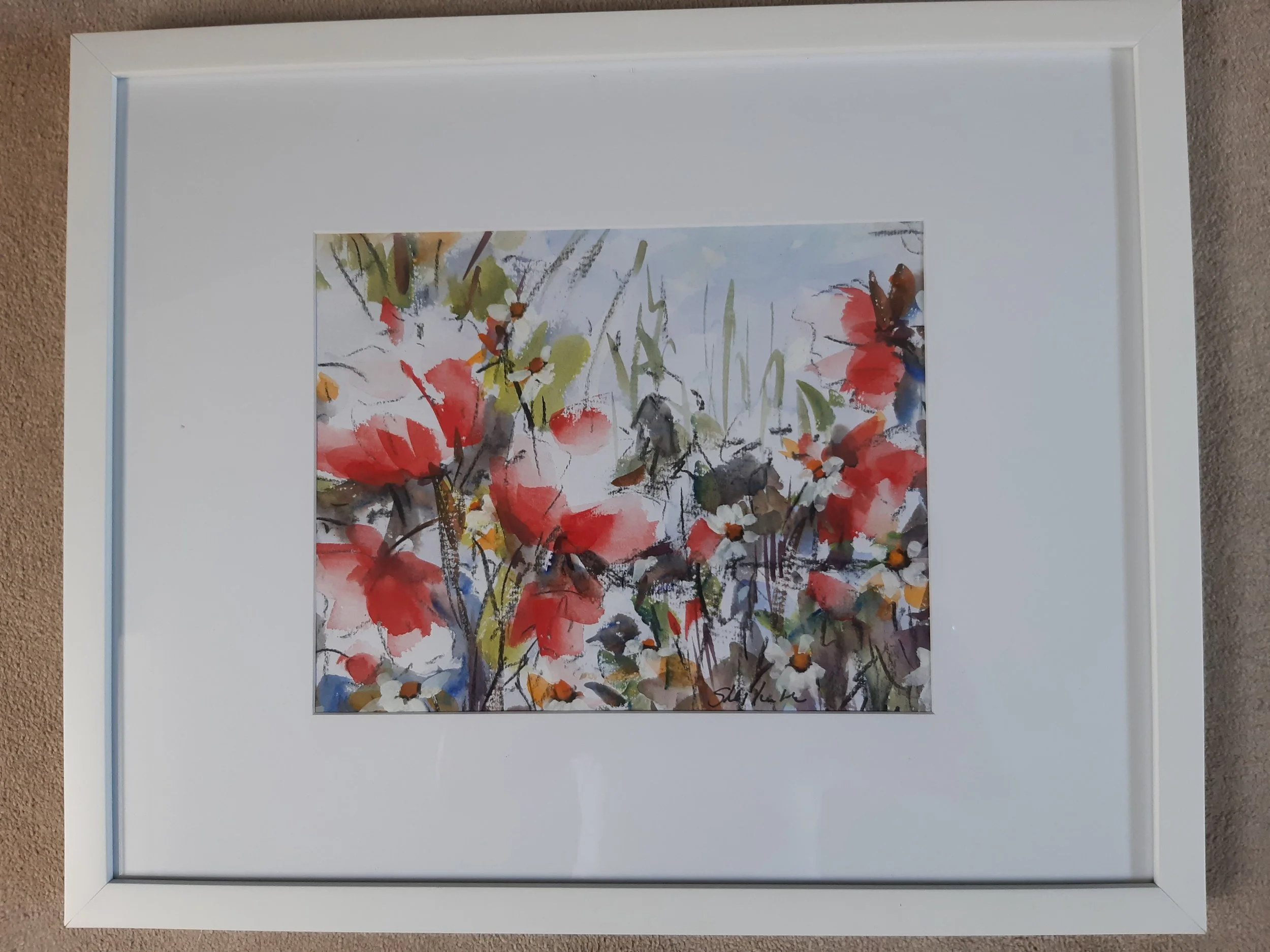 Poppies Along The Path - Framed - White frame and mount - 39 x 36 cm - £160