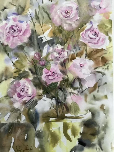 Roses in a Stone Pot - 
Framed - 42.5 x 52.5 cm - Frame off white and mount - £180
