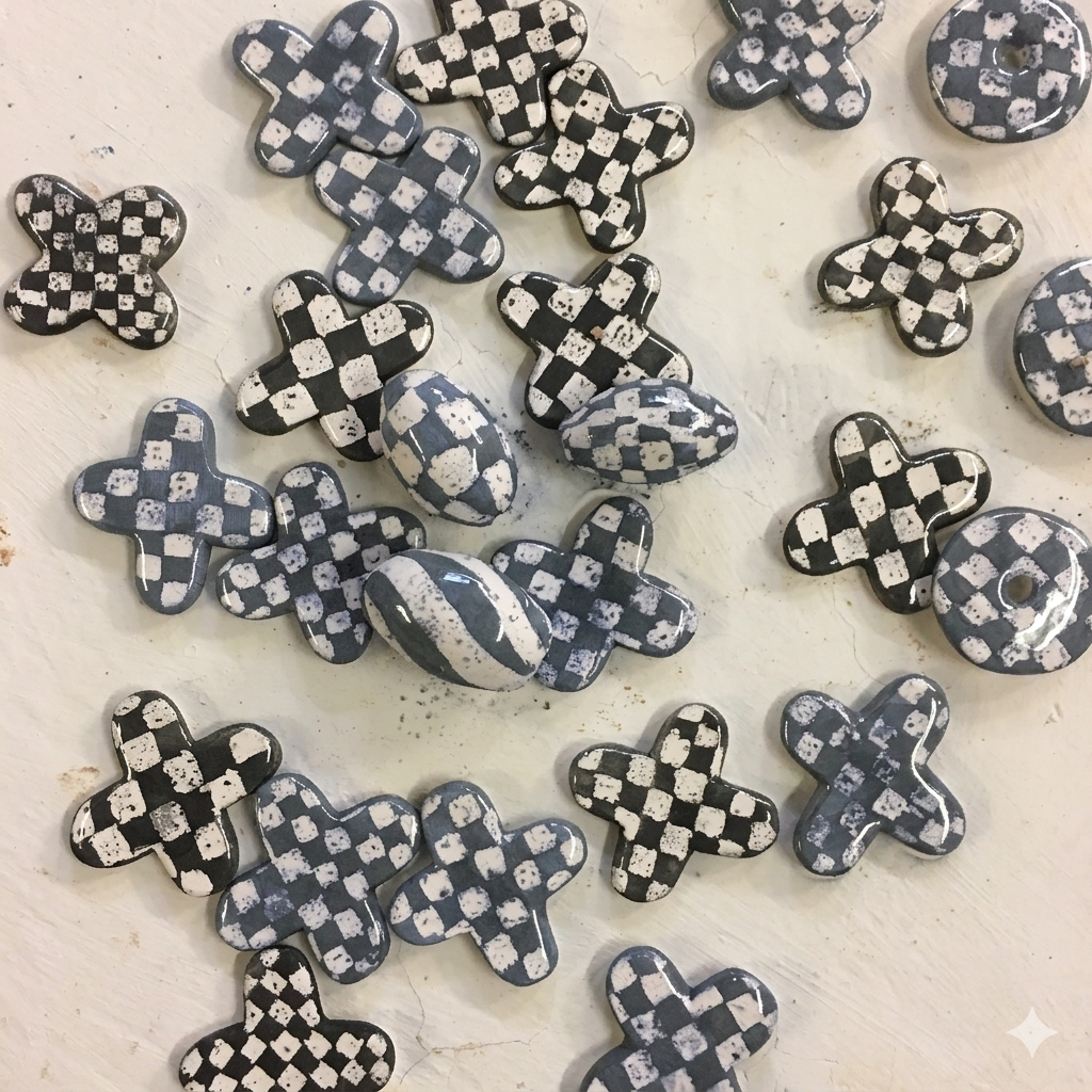 Flower shaped cabochons (flat back beads) in blue and white checkerboard pattern