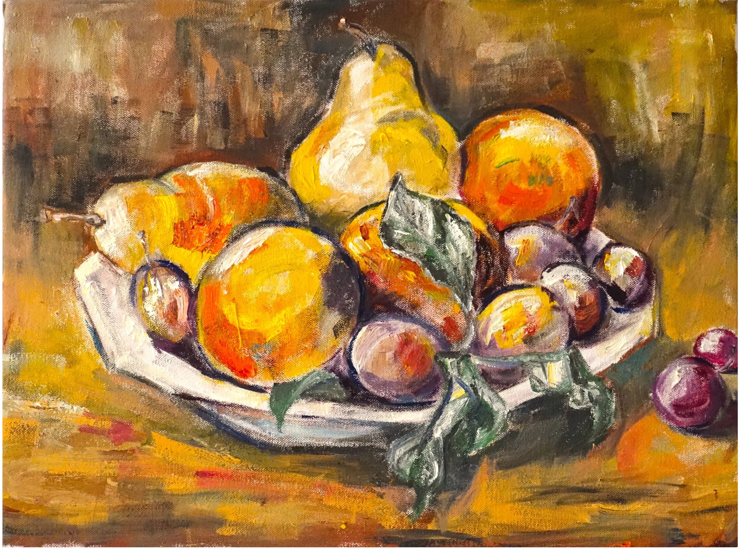 Plums, Pears, Peaches and a Grape (Copied after John William Hill; original in watercolor), 2020, oil on canvas, 16 x 12 inches