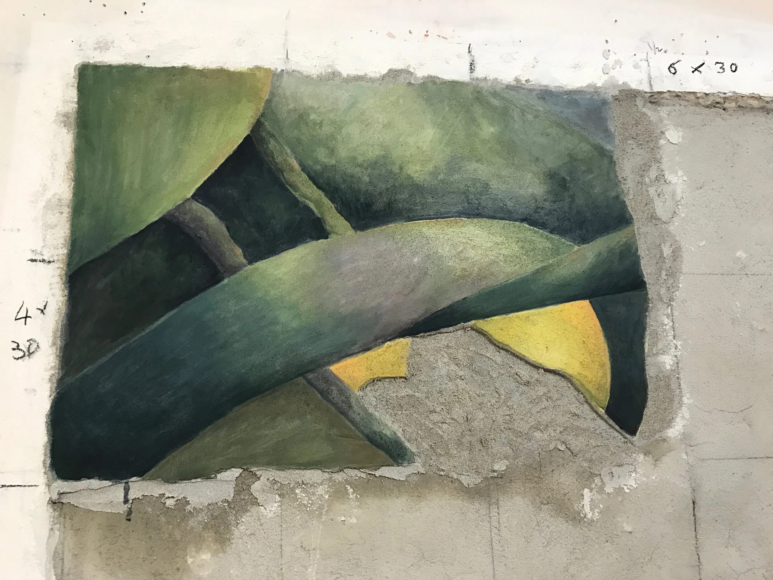 Student Life (process), 2017, group project completed for course on conservation techniques, fresco, 180 x 120 inches