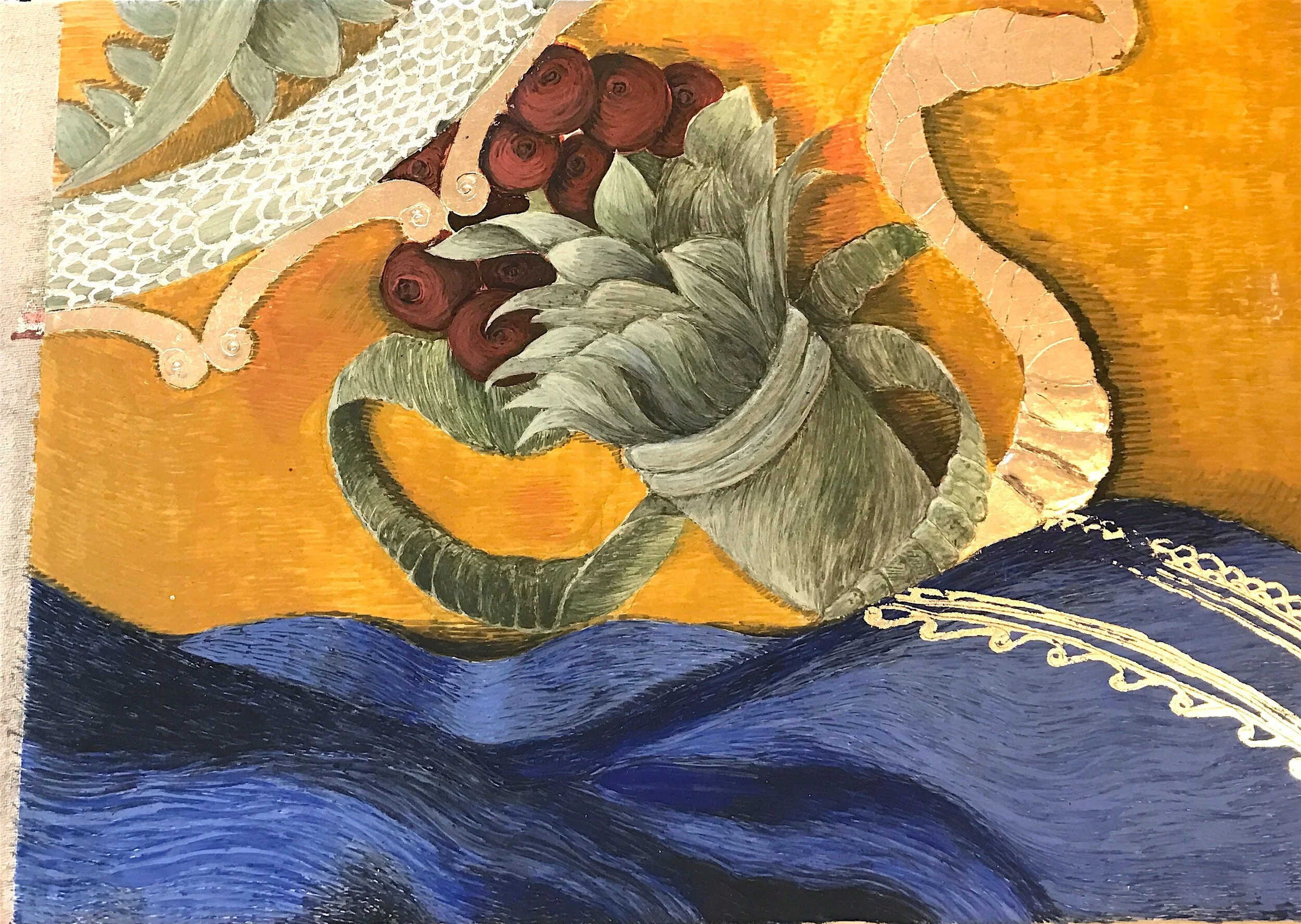 Egg tempera technique, 2017, completed for course on conservation techniques, egg tempera and silver leaf on panel, 8 x 6 inches