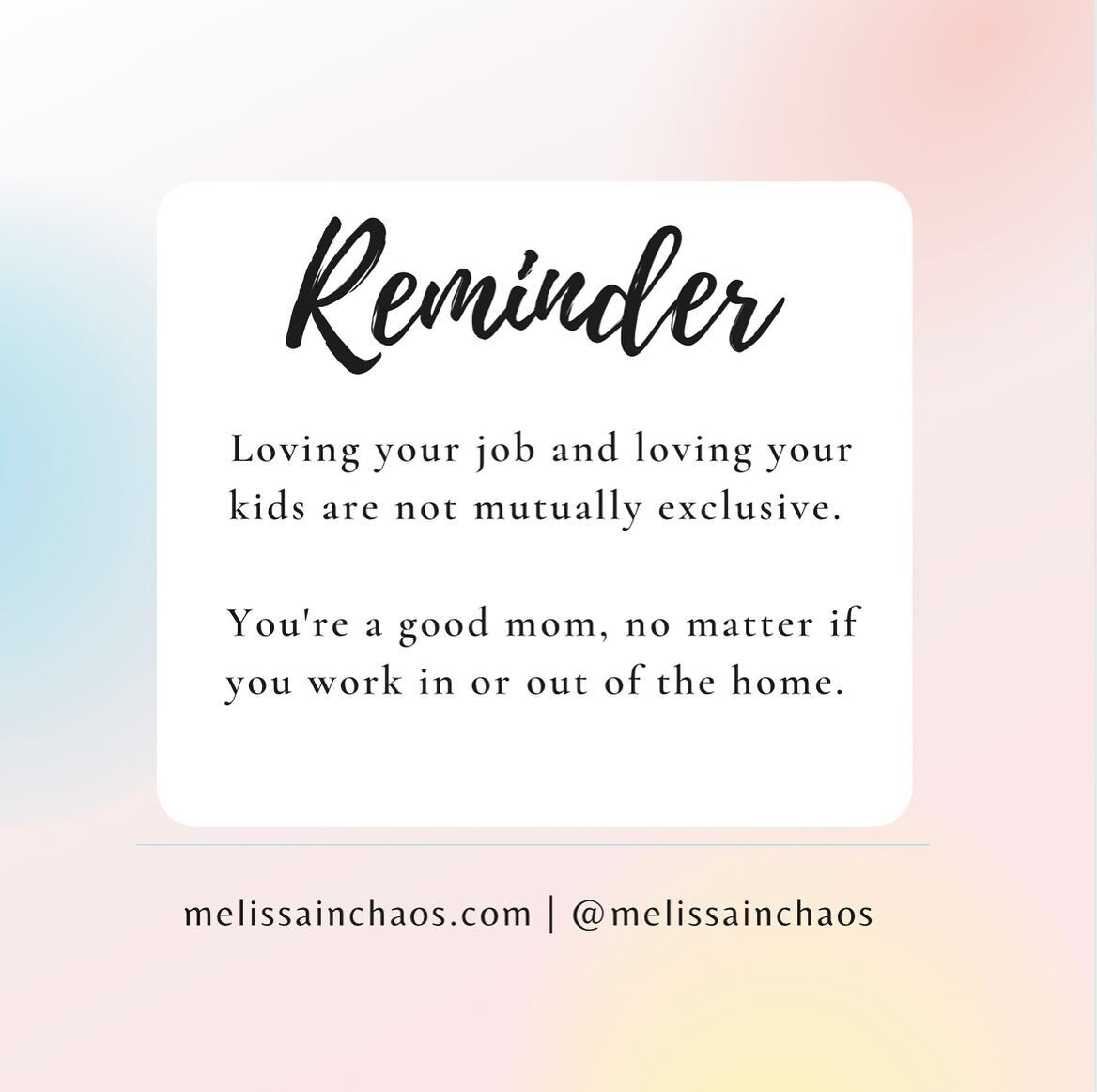 Being a working mom is hard.
Being a stay at home mom is hard.
Being a work from home mom is hard.

You know what they all have in common???

They are all ℎ𝑎𝑟𝑑.

somewhere along the lines we have set the stage that if you LOVE your job you must lo