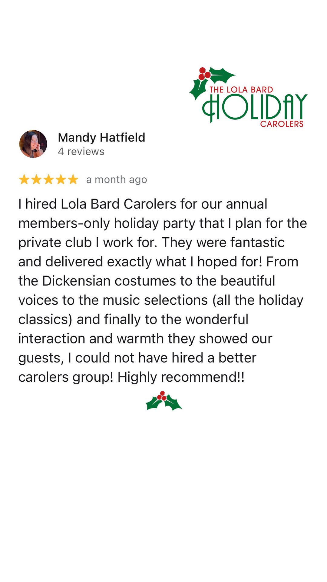 Lola Bard Holiday Entertainment google review holiday party for members of club