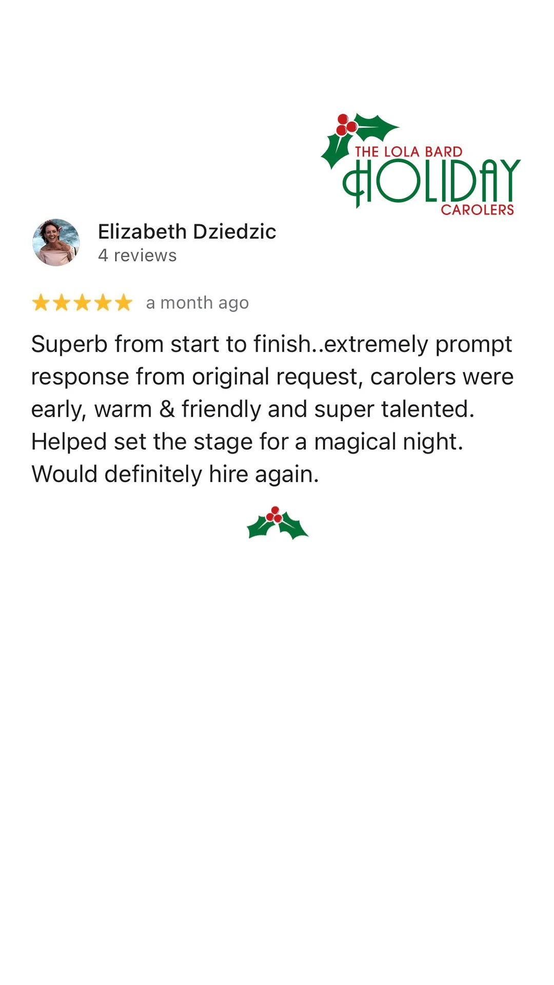 Lola Bard Holiday Entertainment google review holiday party carolers