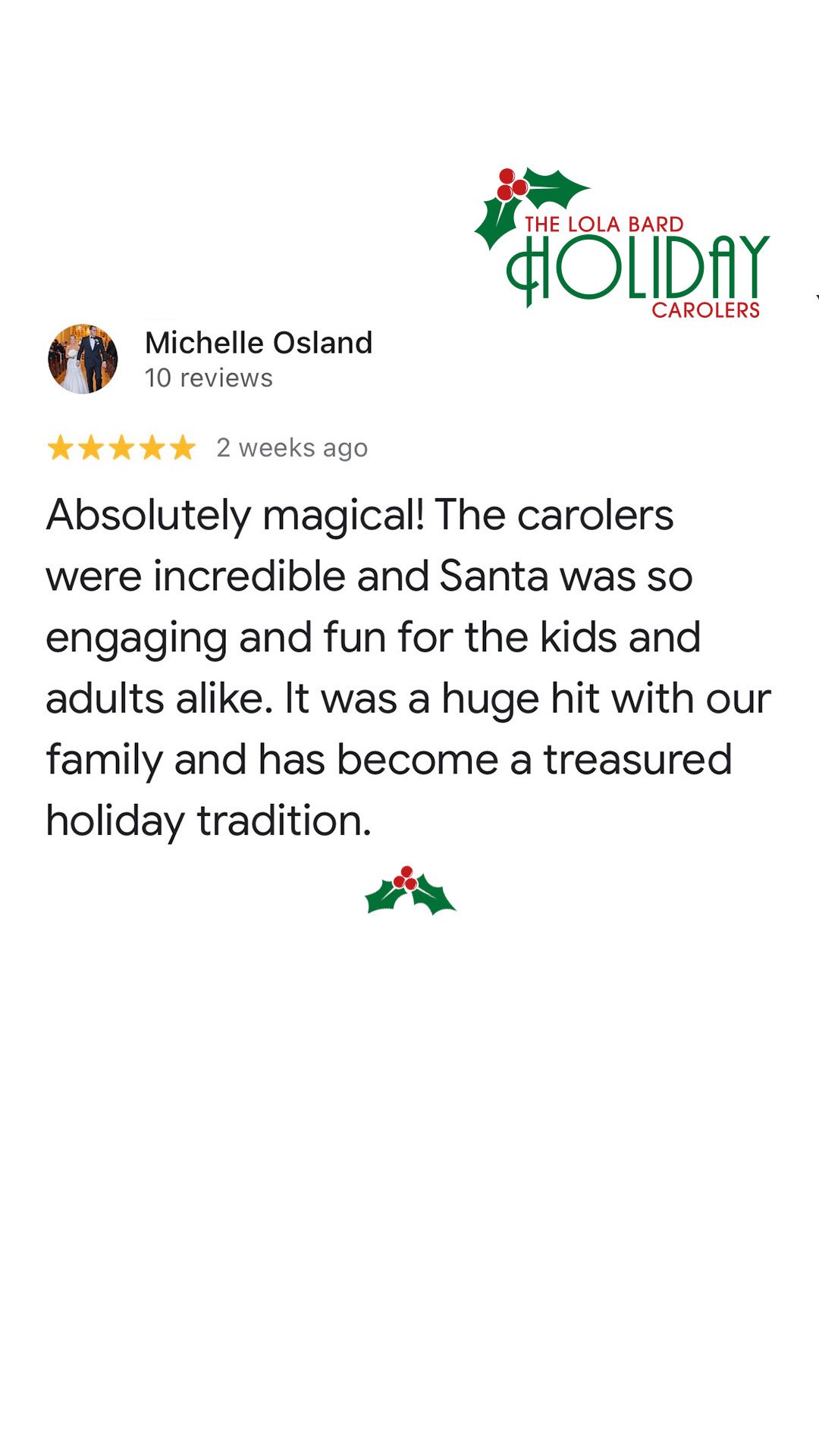 Lola Bard Holiday Entertainment google review holiday party santa