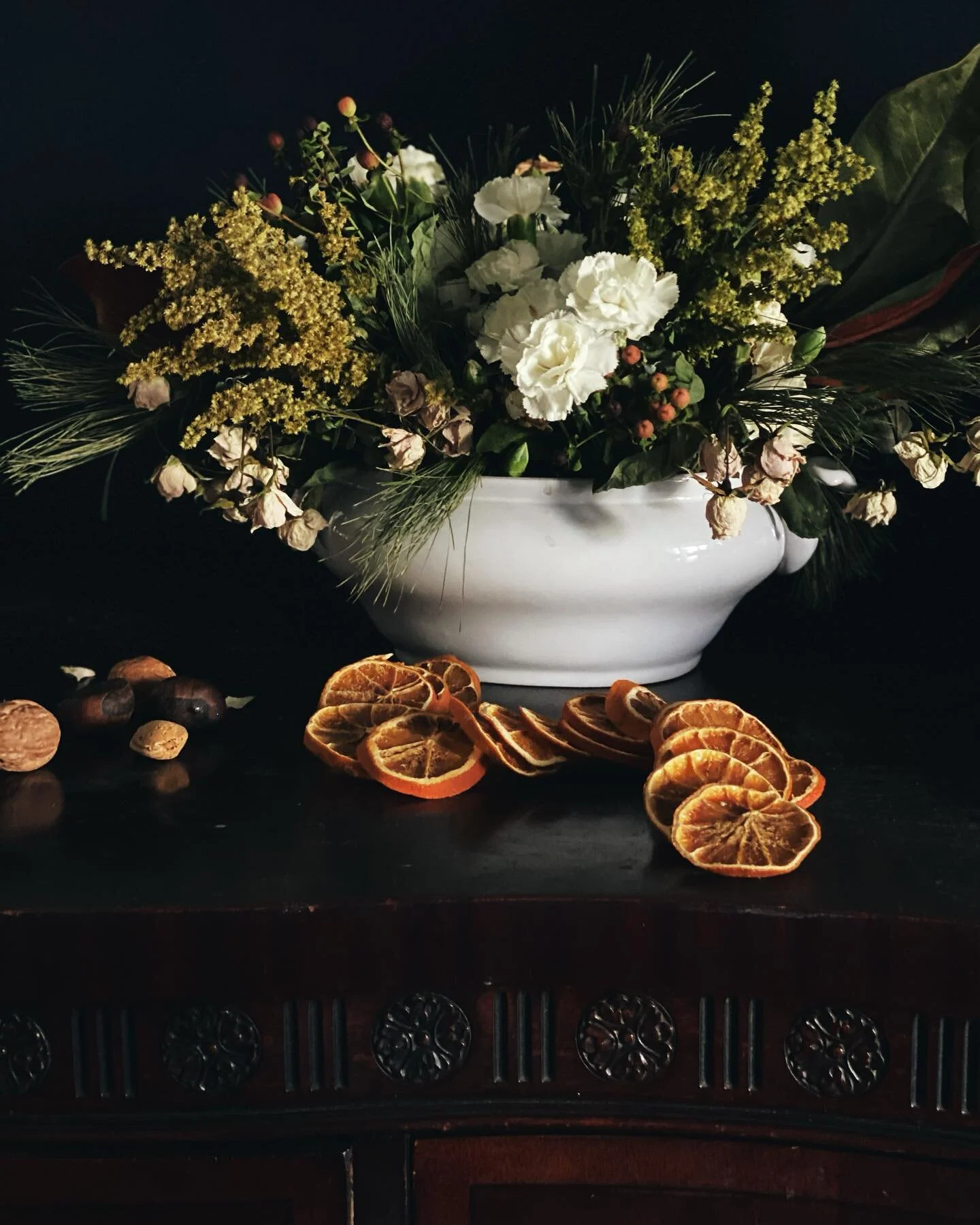 A winter arrangement. Parts of this floral arrangement are from early December. I like to let arrangements dry out in the winter and continue to add fresh flowers to them. It creates a nice balance of sleep and awake.