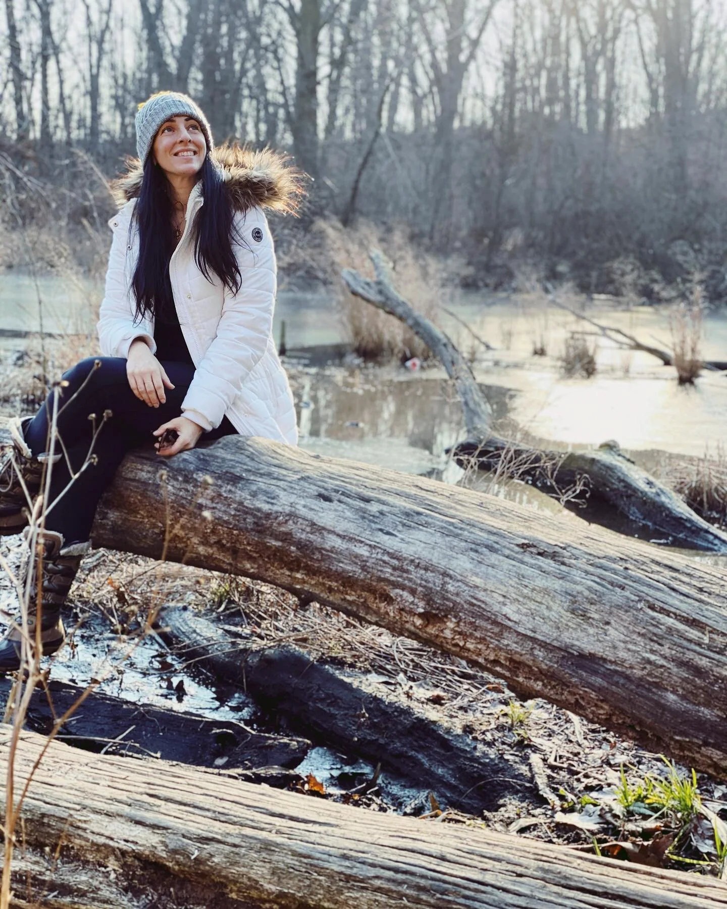 Winter walks to the pond when the park is an icy wonderland. It&rsquo;s crazy to think about all our turtle friends asleep at the bottom of the pond! Nice and warm in my @abercrombie puffer.❄️