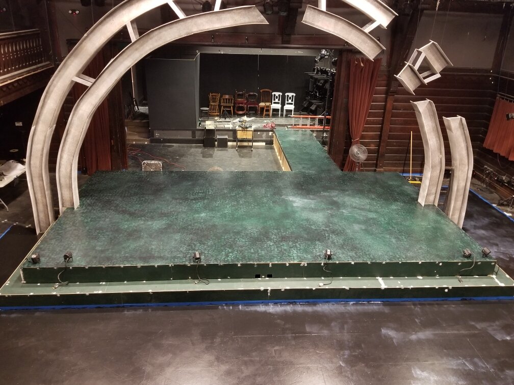 Floor and overall scenic painting for Spring Awakening (2017). Scenic Designed by Benji Devine and Rhys Strohmeyer. This photo is in process, but the top most main layer is finished and sealed.
Used a combination of techniques for this floor.