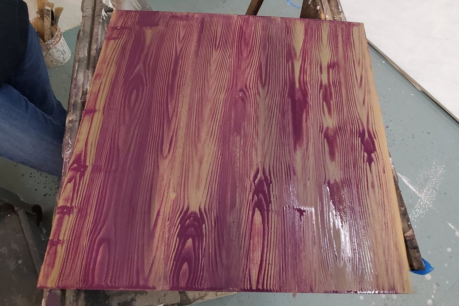 Sample from paint class, Fall 2020.
Woodgrain technique on 24" square MDF using wetblend and rockers.