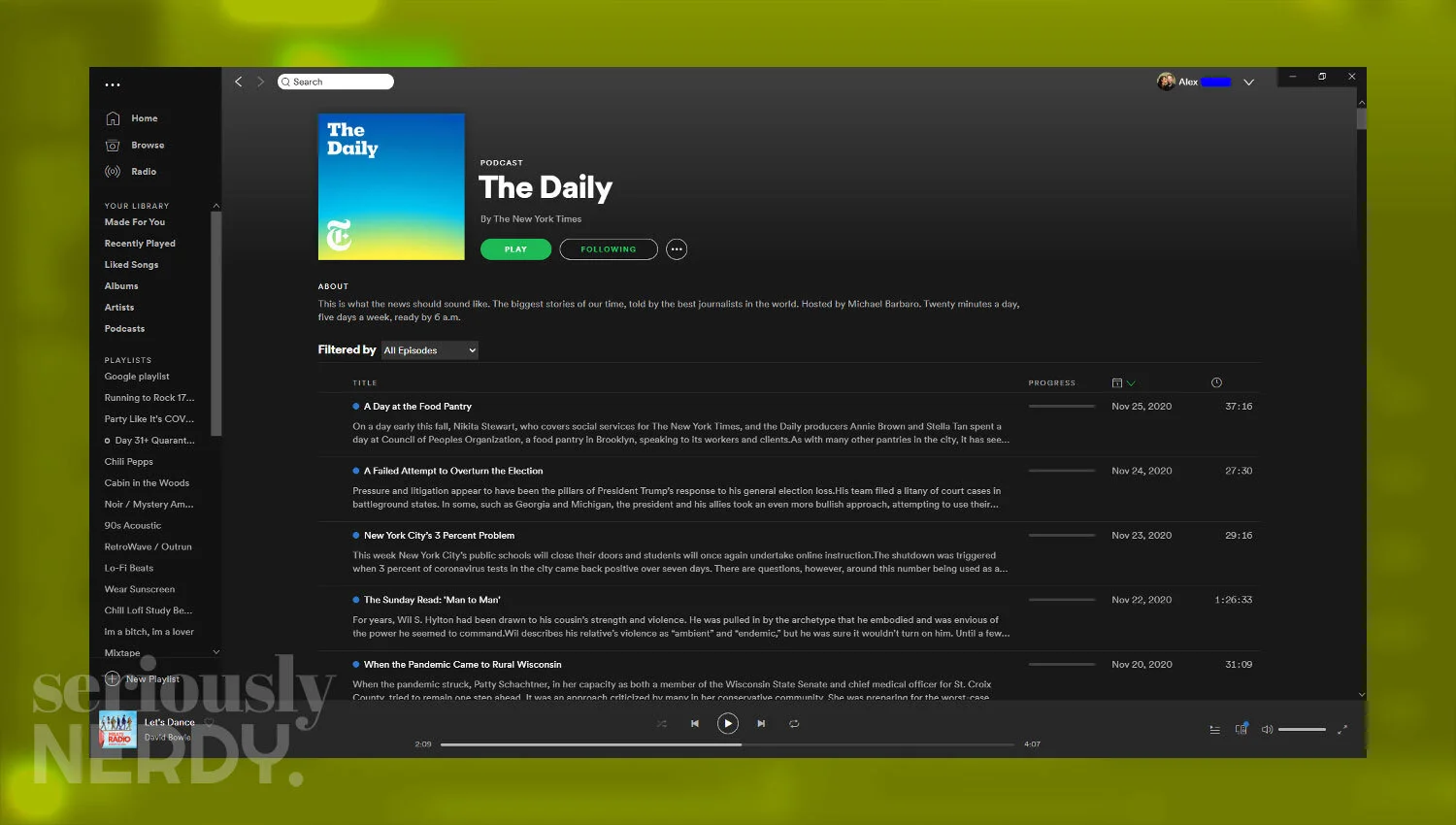 My morning mix these days includes NPR News Now, Marketplace, Marketplace Morning Report, and The Daily. I know. So cool.