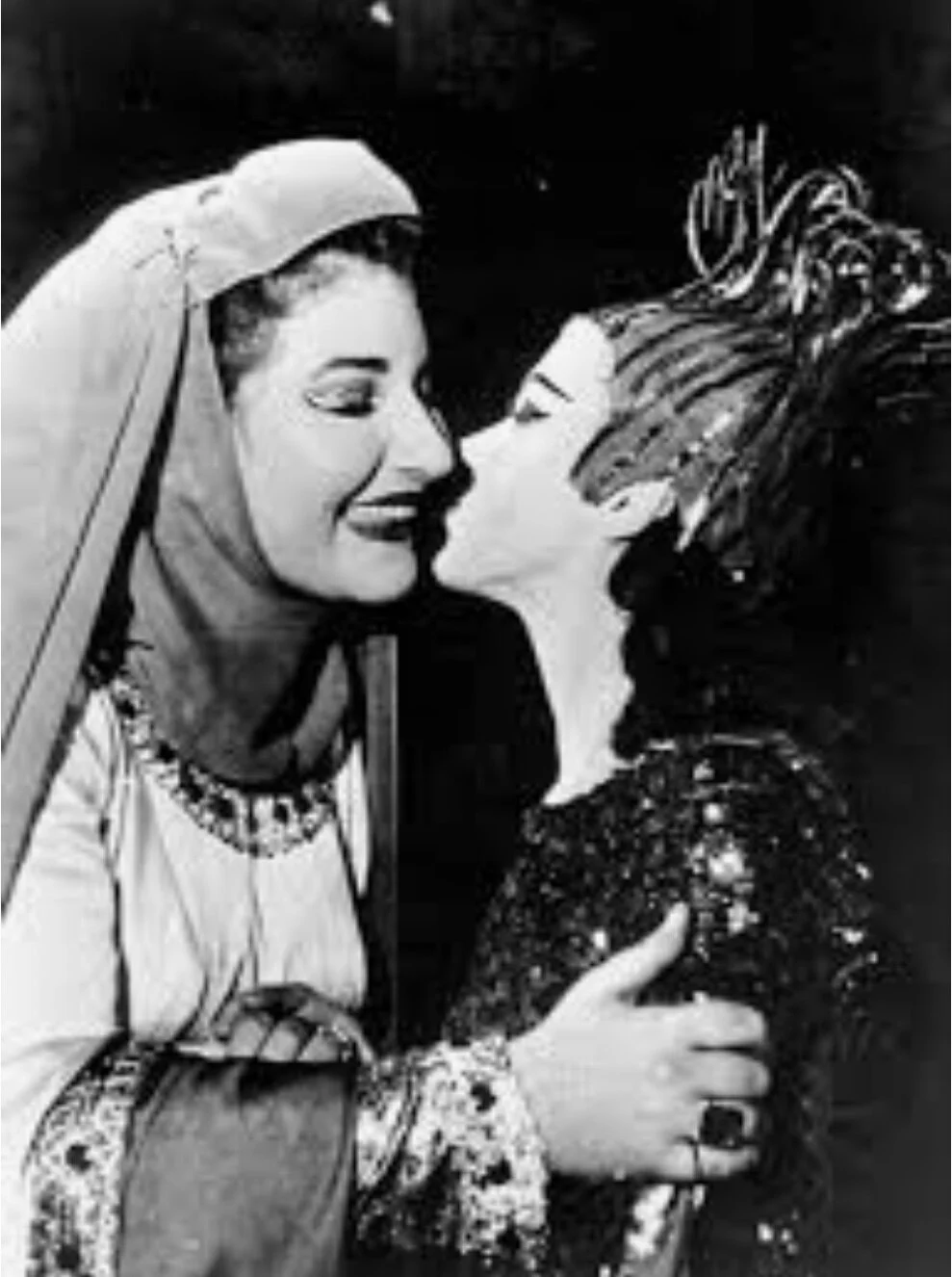 6: Maria Meneghini Callas greeting Violetta Elvin onstage at La Scala in curtain calls after the 1952 production of Verdi’s “Macbeth” conducted by Victor de Sabata. Callas was Lady Macbeth; Elvin was Ecate (Hecate), goddess of witchcraft.