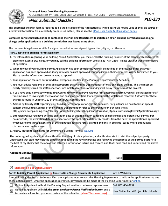 Screenshot of the Santa Cruz County Planning Department ePlan Submittal Checklist (Form PLG-230) used for residential building permit applications.