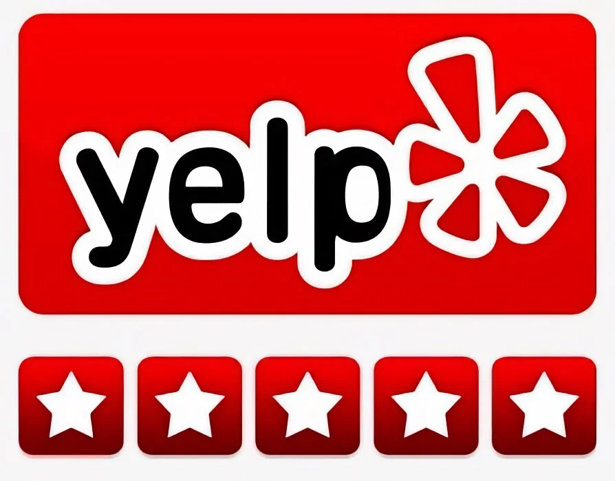 Yelp logo with a five-star rating, red background.