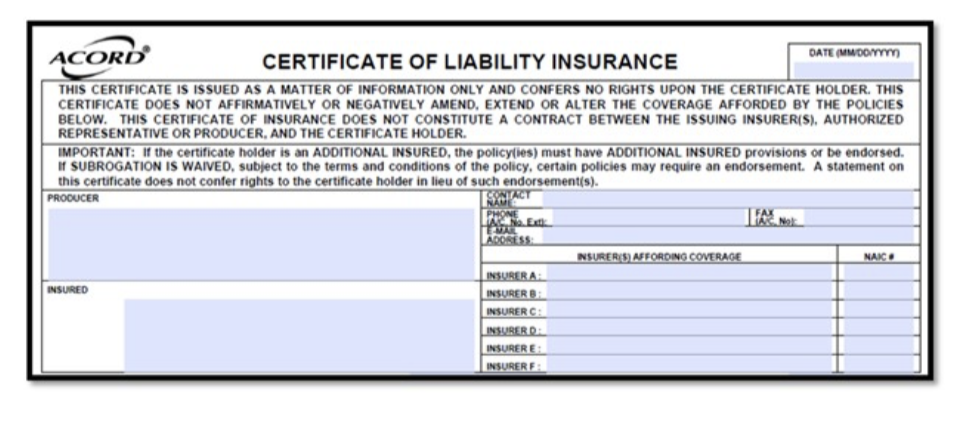 Example of a Certificate of Liability Insurance provided by a licensed general contractor as proof of coverage.