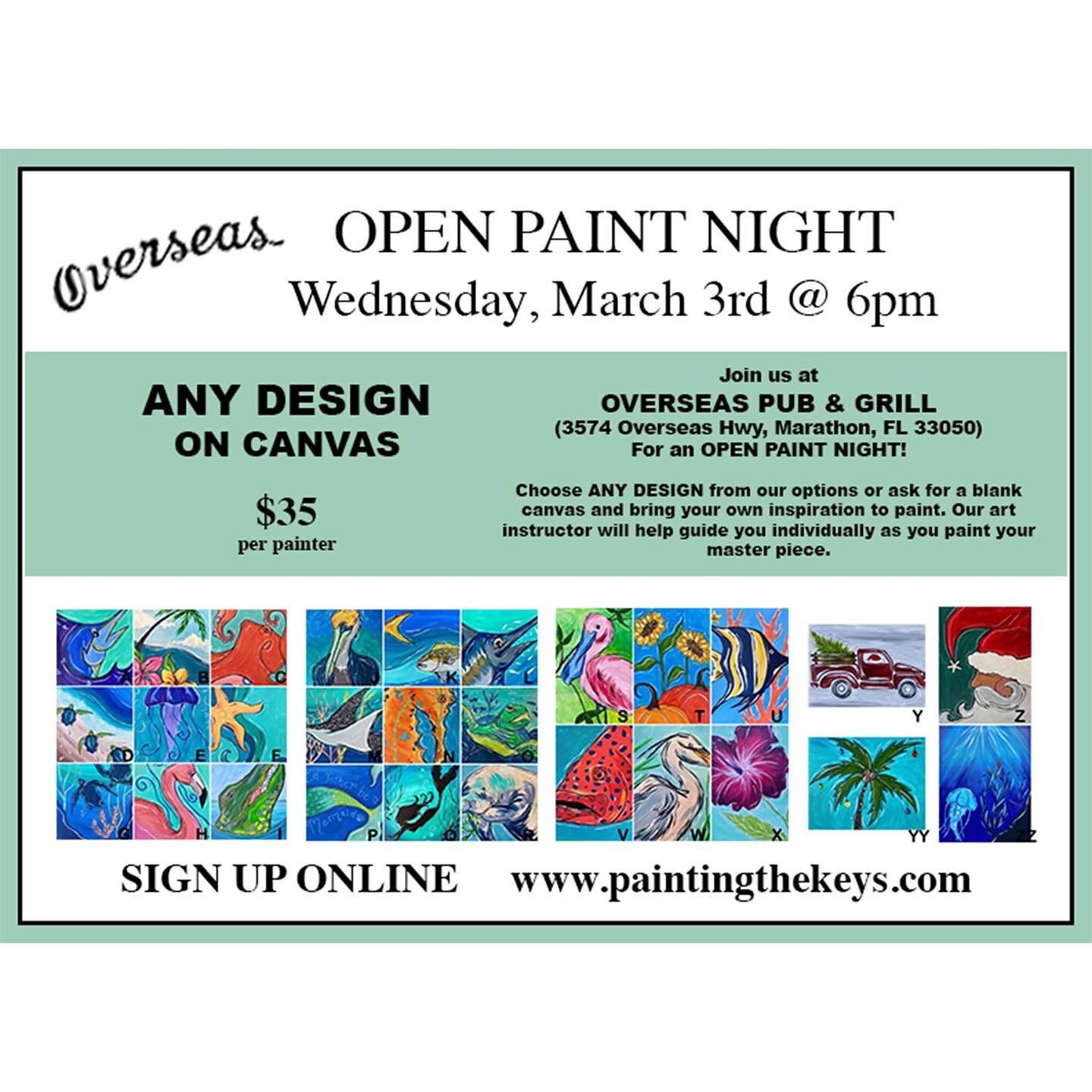 🚨 JUST ADDED 🚨
New classes on the site!!!
&bull;
All new option of Open Paint Night at OVERSEAS PUB &amp; GRILL for all our Marathon painters who asked 🙂
&bull;
A virtual option for those of you outside the FL Keys or those who want to stay home ?