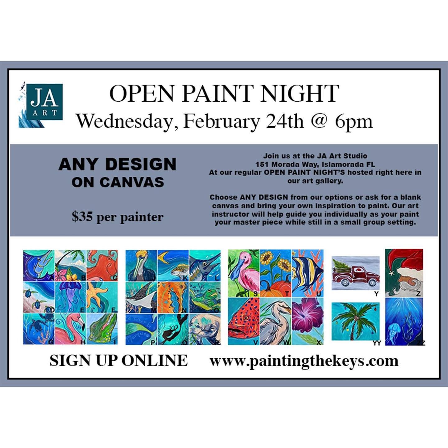 TODAY! 🤗
We have a very very small class today at our art studio. Open paint night means you get to choose ANY design you want!!
&bull;
Invite a friend or family member to tonight&rsquo;s class. 6pm start time at the JA Art Studio in Islamorada. Mus